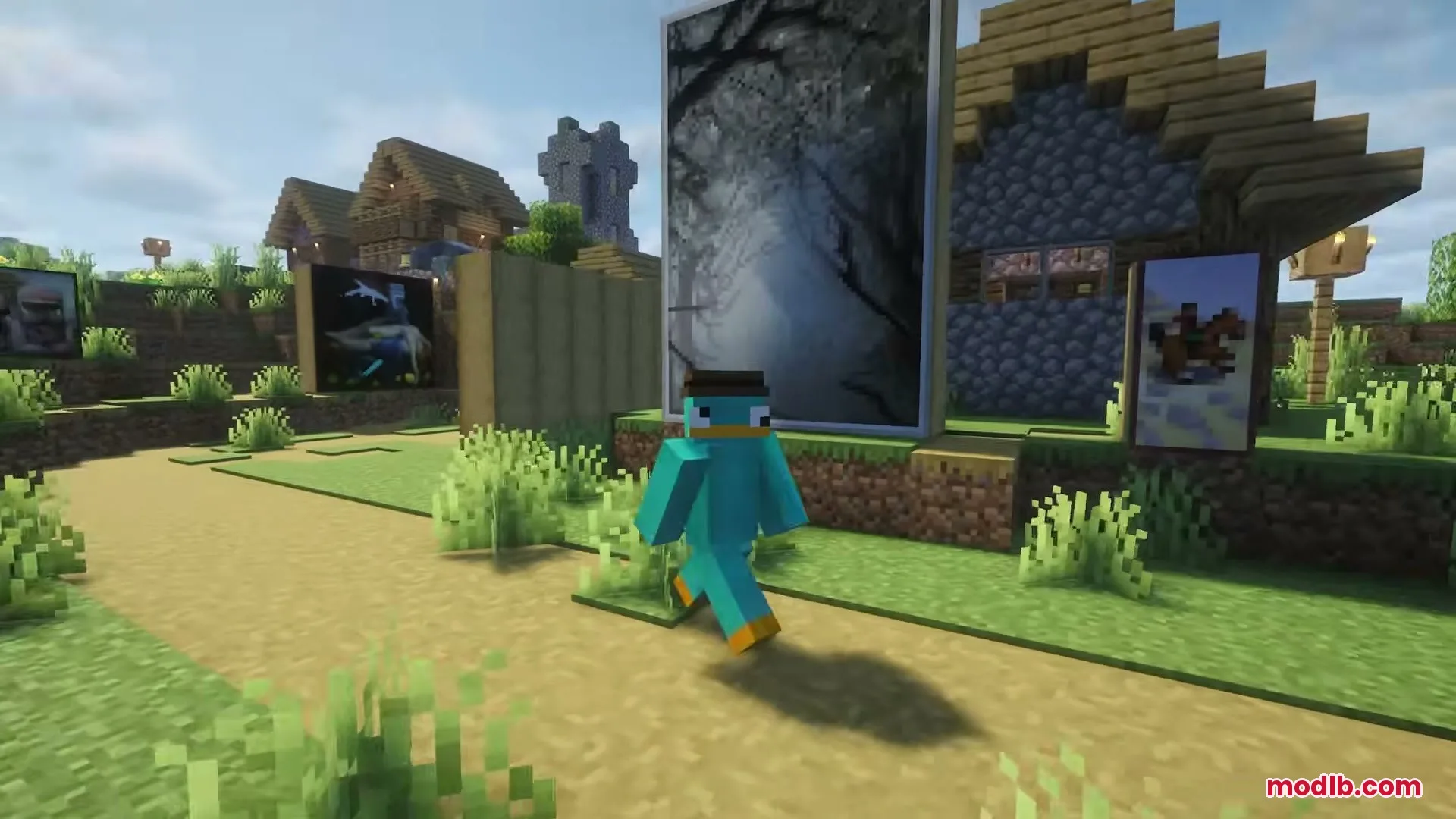 Player with platypus skin walking past large decorative paintings in a Minecraft village
