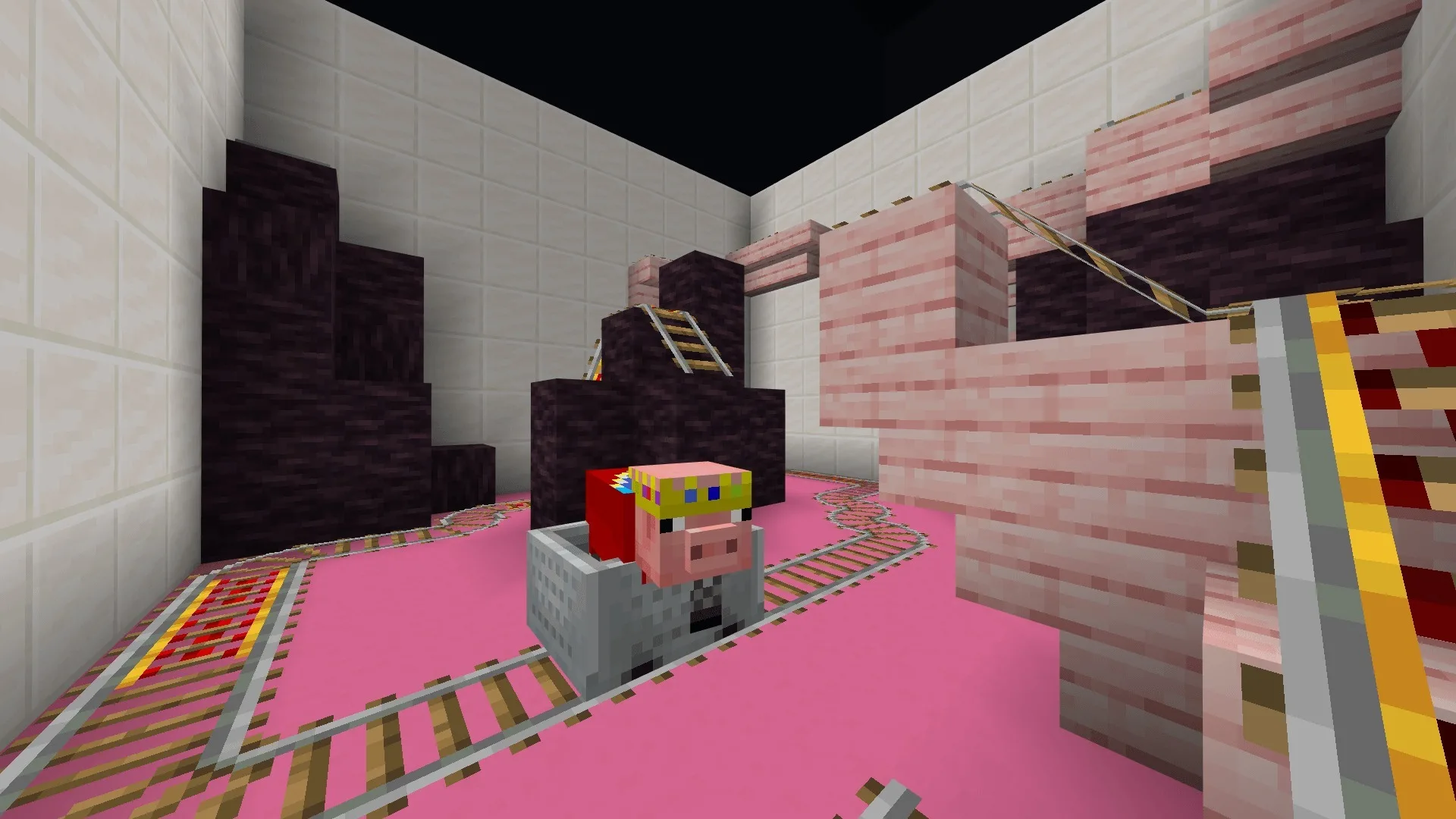 Parkour a Map Screenshot 2 Crowned pig in a minecart riding on rails in a pink room