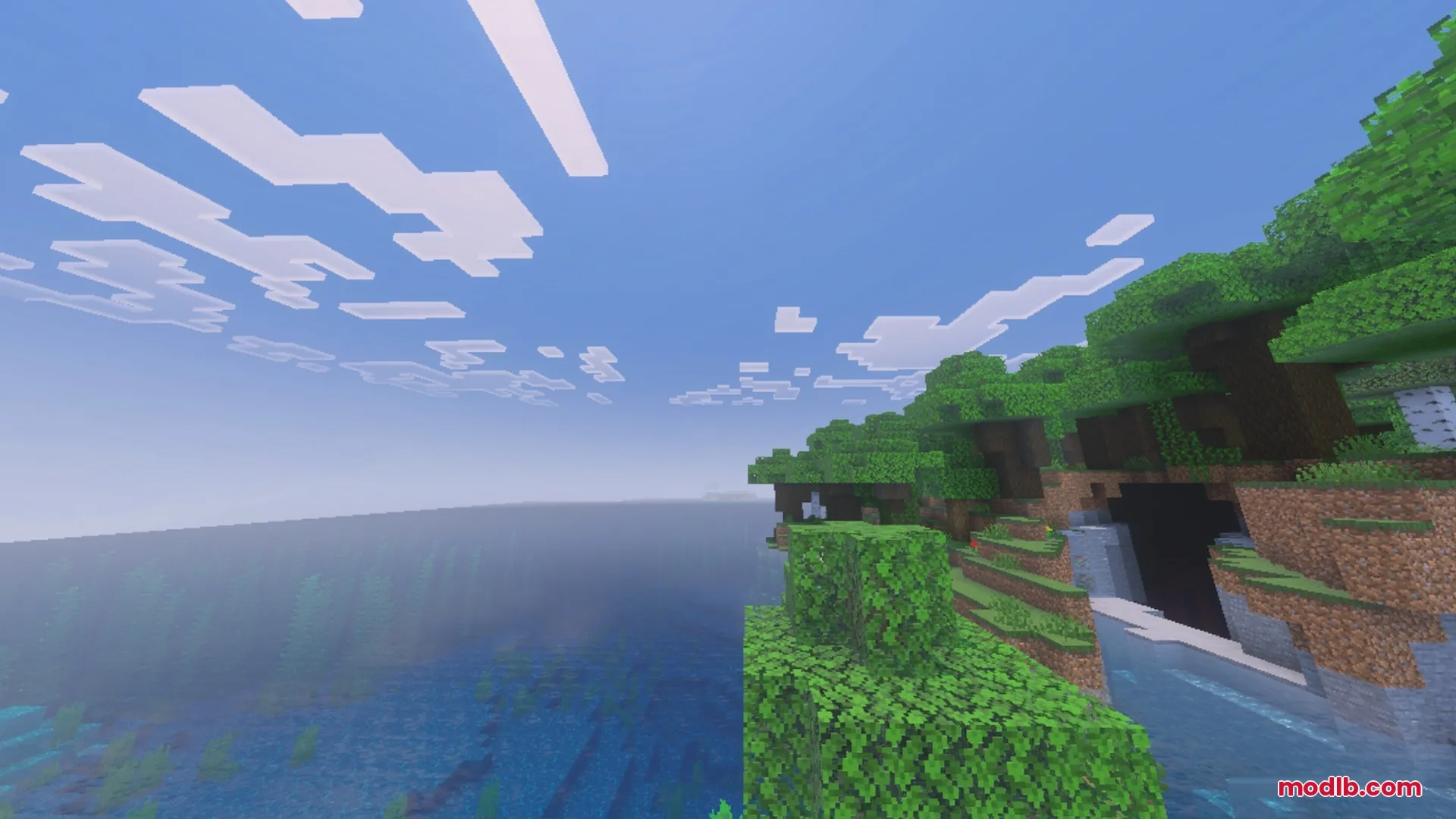 Pixie - Vibrant Visual PBR Shader Screenshot 1 Lush green trees and a waterfall overlooking a vast ocean under a bright sky