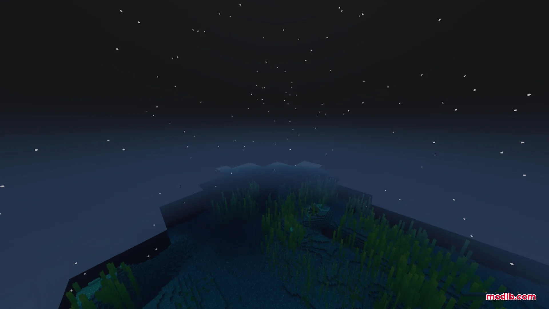 Pixie - Vibrant Visual PBR Shader Screenshot 2 Underwater seagrass in a dark ocean under a starry night sky in Minecraft
