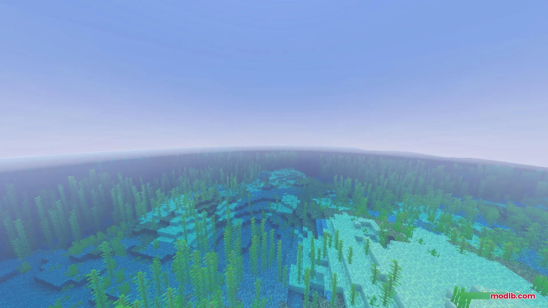 Pixie - Vibrant Visual PBR Shader Screenshot 3 Clear blue sky over a vast ocean filled with dense green kelp forests