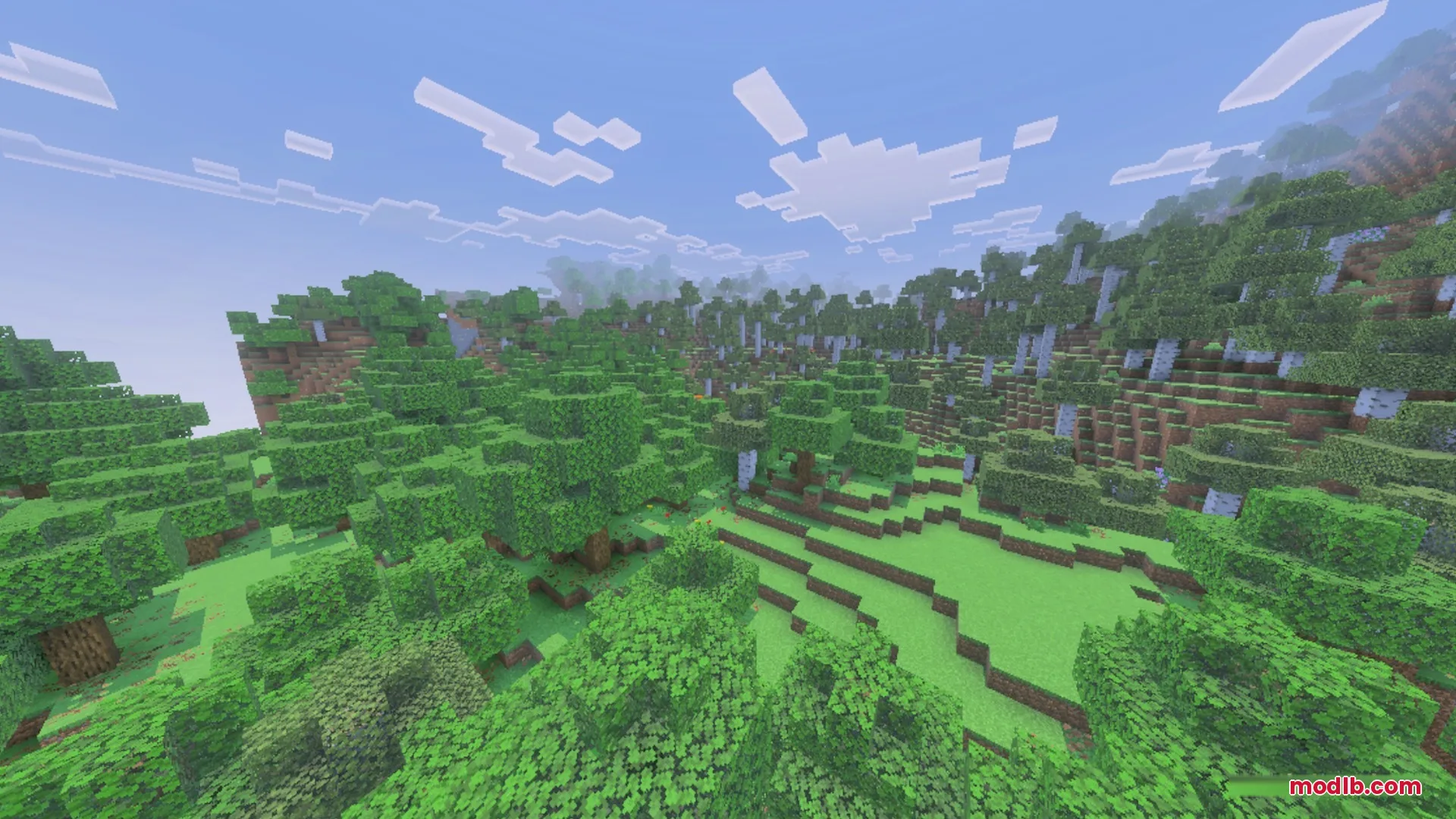 Pixie - Vibrant Visual PBR Shader Screenshot 6 Lush green forest with realistic lighting and soft clouds in the sky