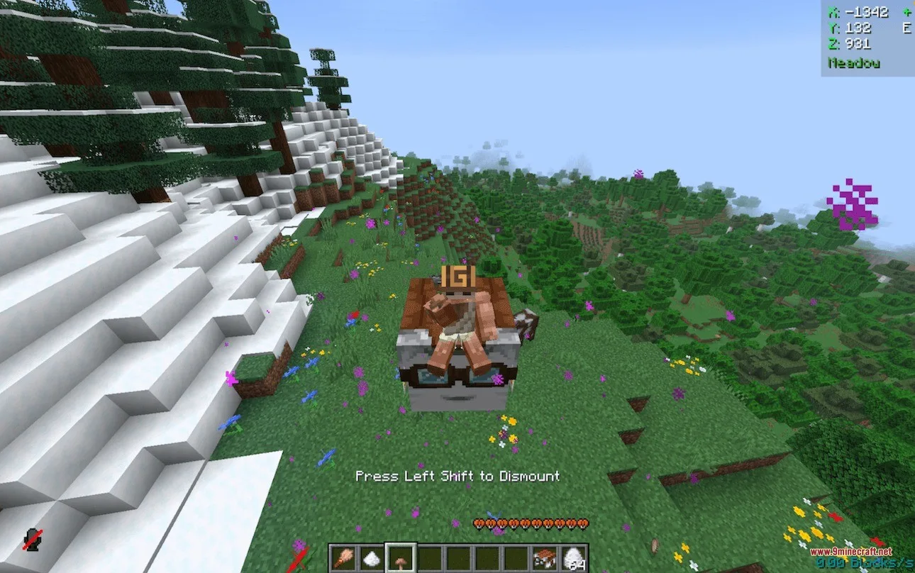 A player character rides a small Ghast wearing goggles through a flowery meadow