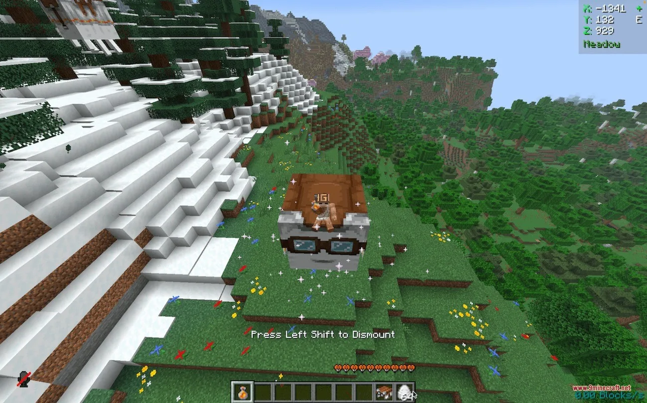 A player riding a tamed Happy Ghast over a scenic Minecraft meadow
