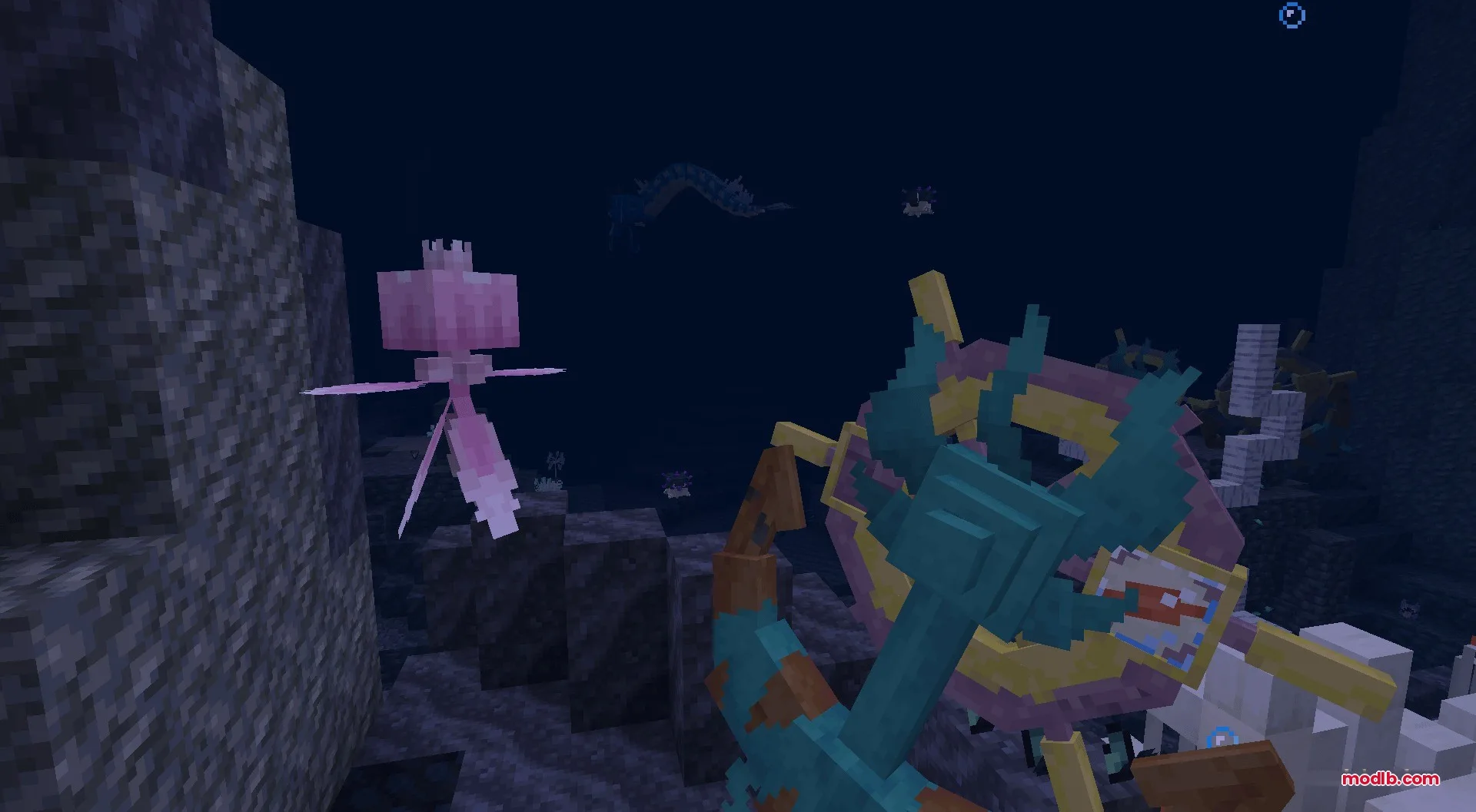 Player explores the Abyssal Chasm with a trident near a pink jellyfish creature