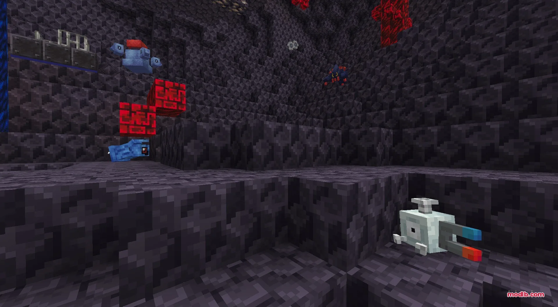 Magnemite and Beldum floating in a dark magnetic cave with rocky walls