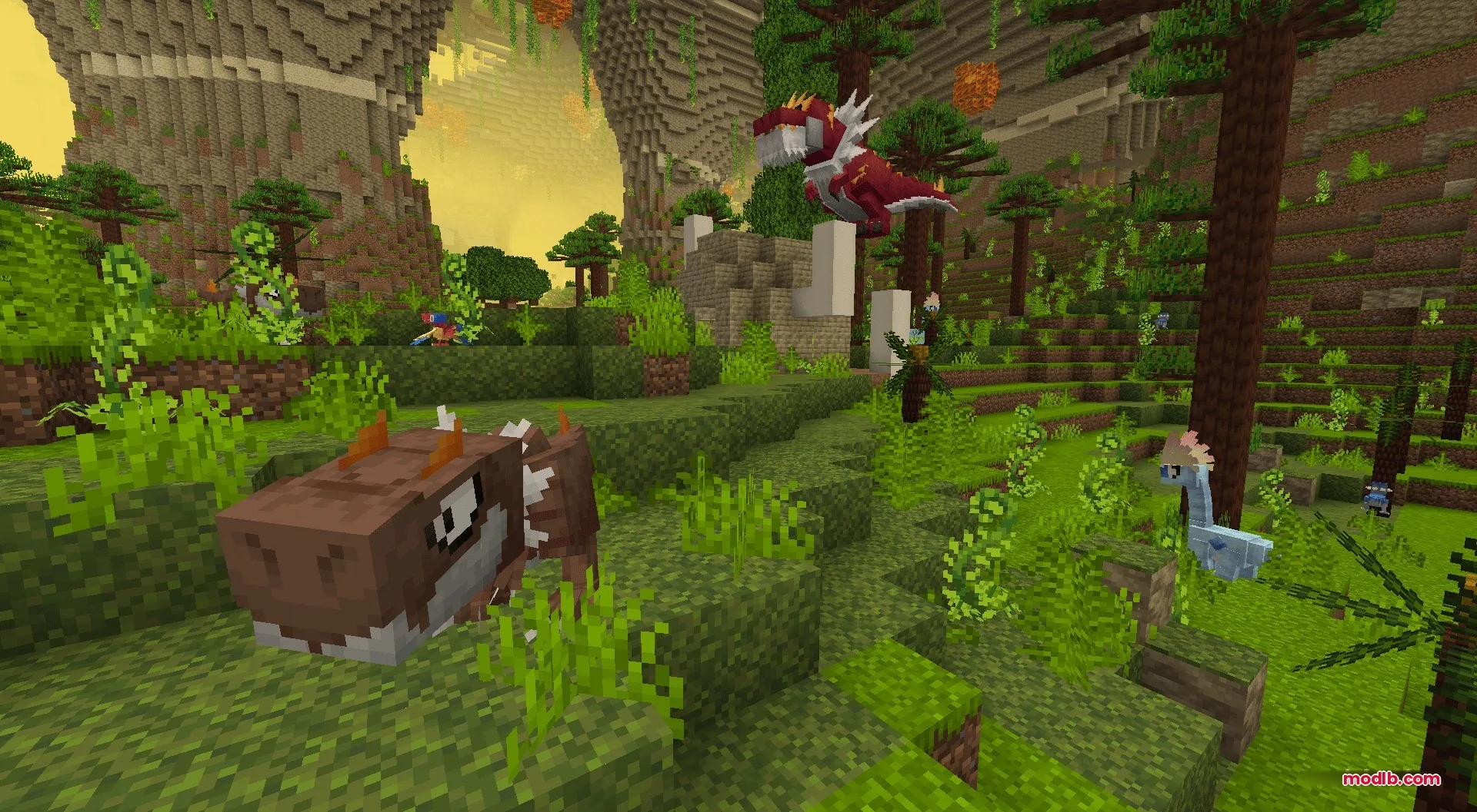 Ancient fossil monsters like Tyrantrum and Bastiodon roaming through a lush jungle cave