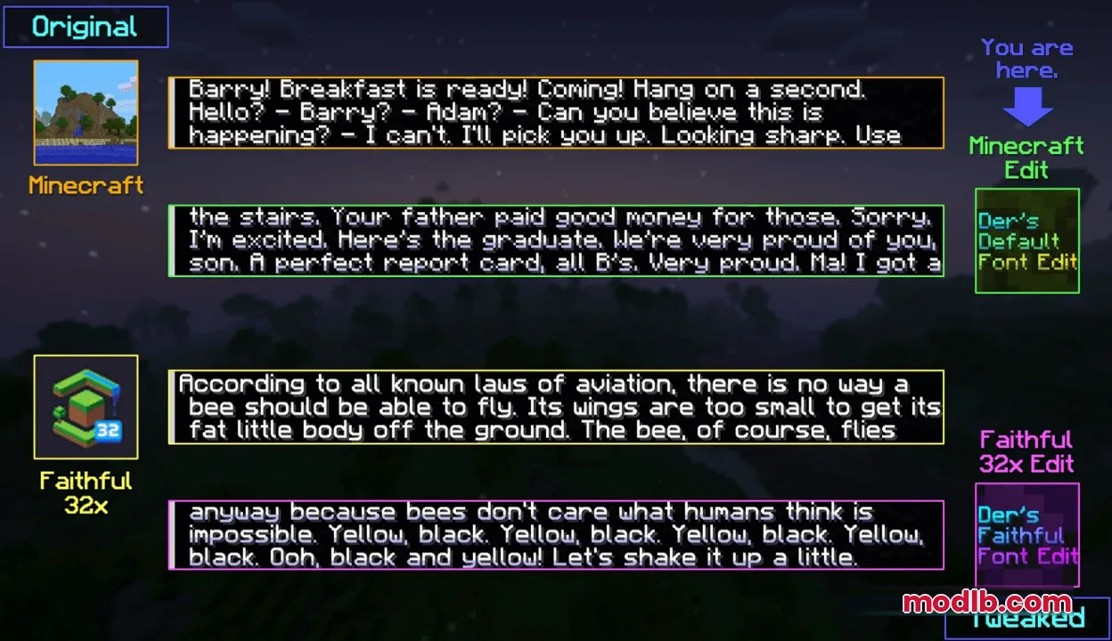 Prism Glyph Standard Resource Pack Screenshot 5 Comparison of different font styles and colorful text shading in Minecraft menus