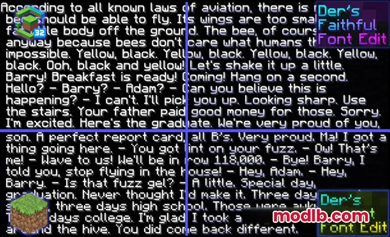 Prism Glyph Standard Resource Pack Screenshot 7 Minecraft font comparison showing text from Bee Movie script