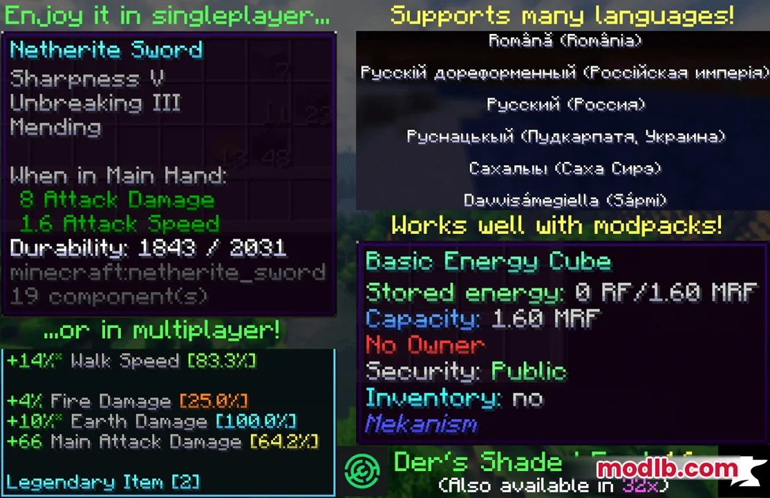 Prism Glyph Standard Resource Pack Screenshot 2 Item tooltips and language examples featuring colorful shaded text effects