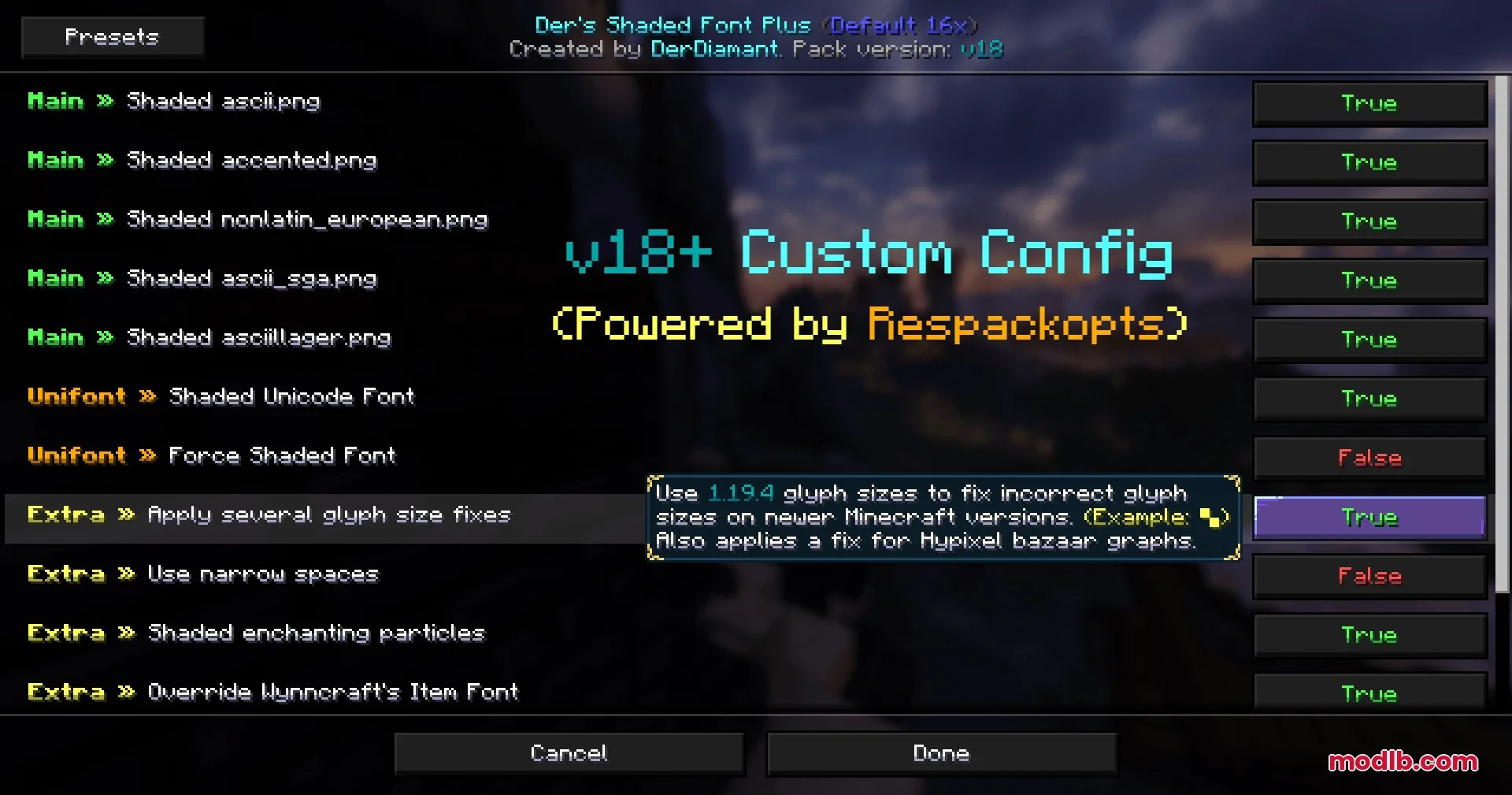 Prism Glyph Standard Resource Pack Screenshot 1 Minecraft settings menu displaying custom font configuration and toggle options