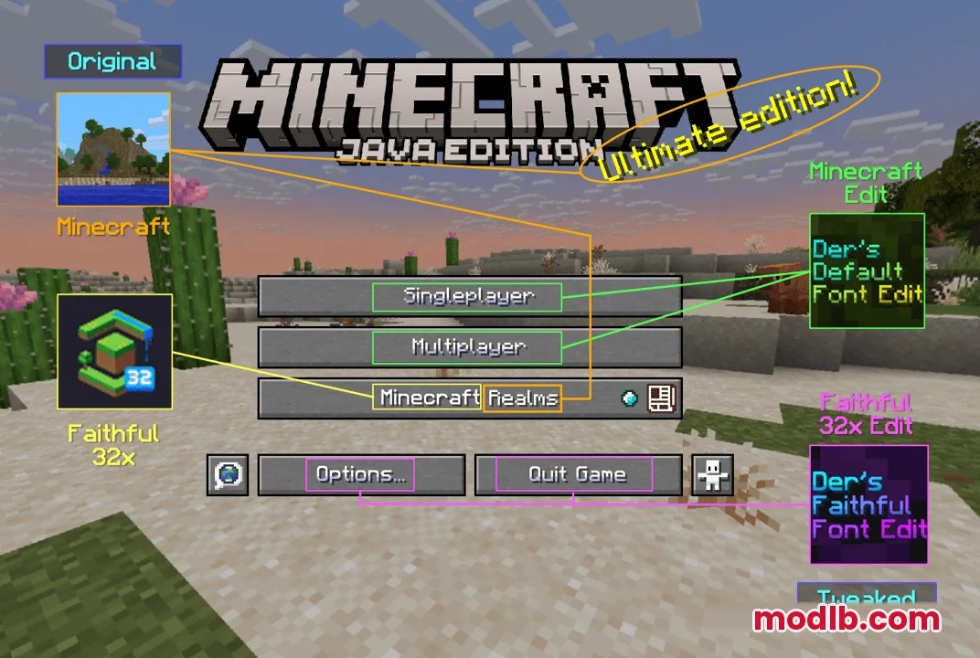 Prism Glyph Standard Resource Pack Screenshot 6 Minecraft main menu screen showing custom font styles on various navigation buttons