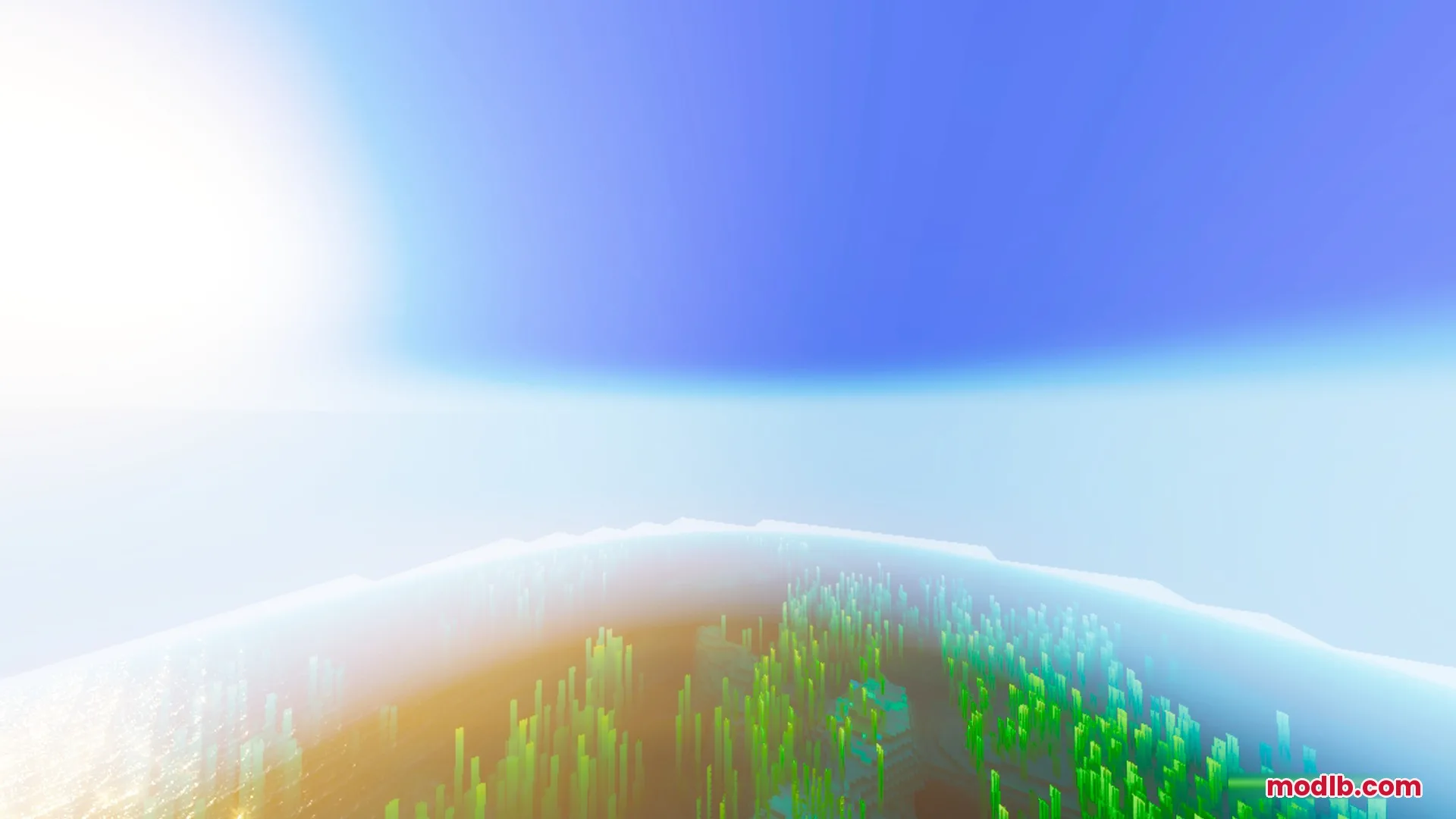 Prismatic Visuals Shader Screenshot 4 Bright sunlight and thick atmospheric fog over a vibrant landscape