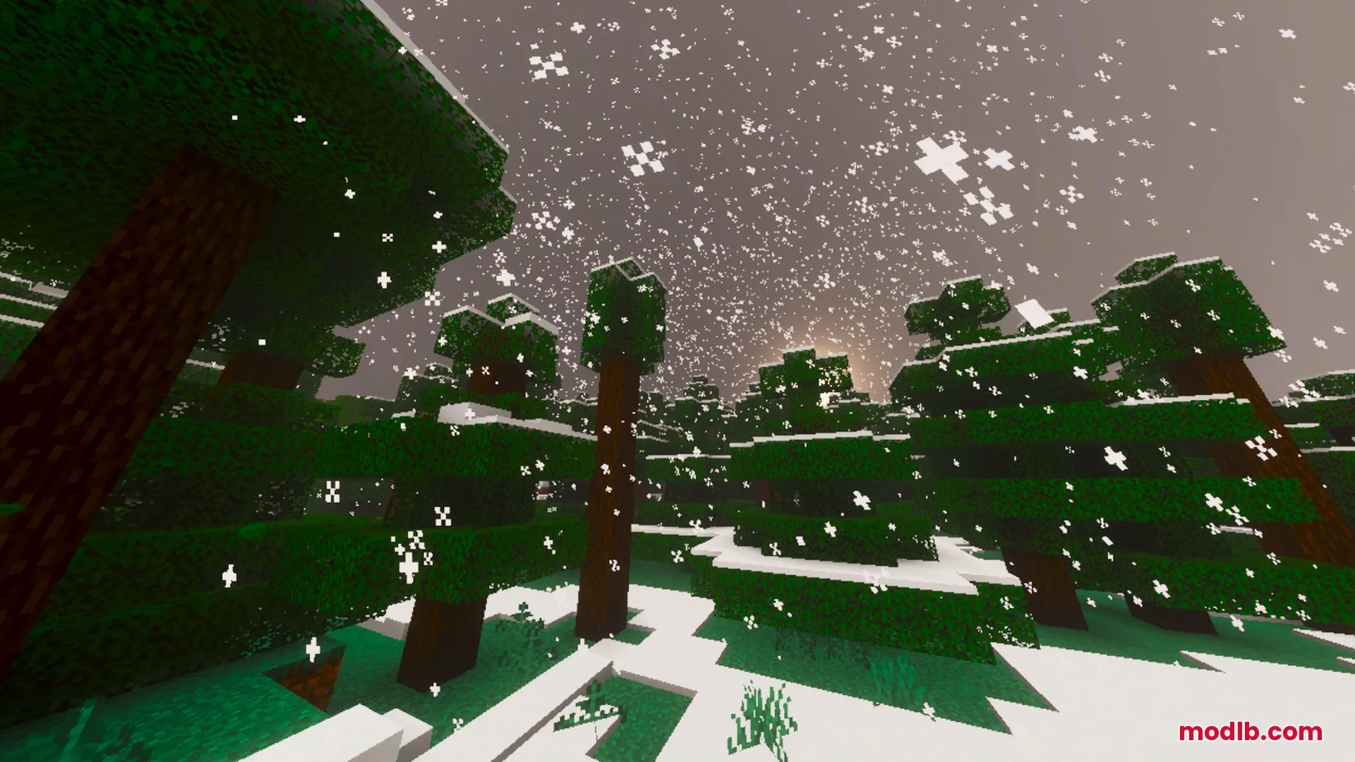 Prismatic Visuals Shader Screenshot 10 Heavy snow falling over a dense spruce forest with snow covered ground