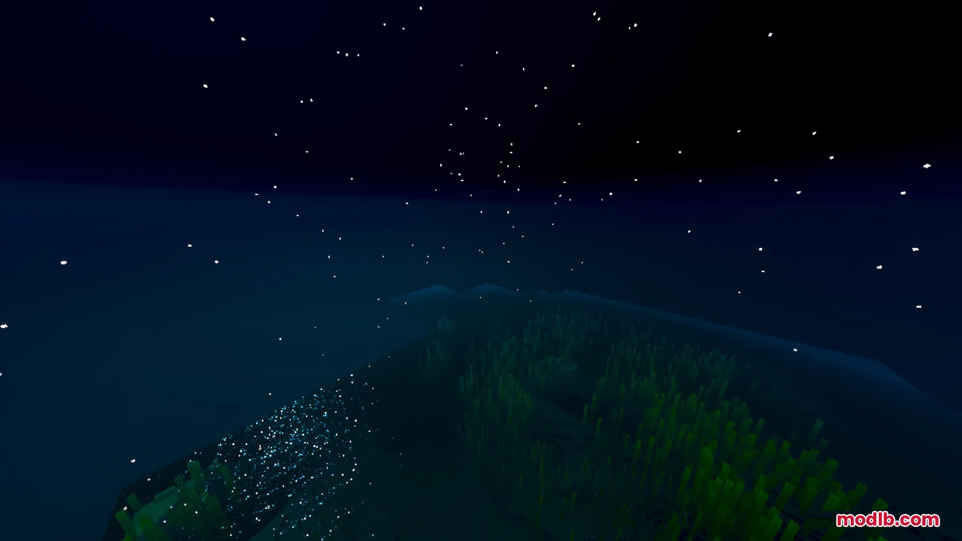 Prismatic Visuals Shader Screenshot 2 Nighttime underwater landscape featuring glowing particles and green kelp on the seabed