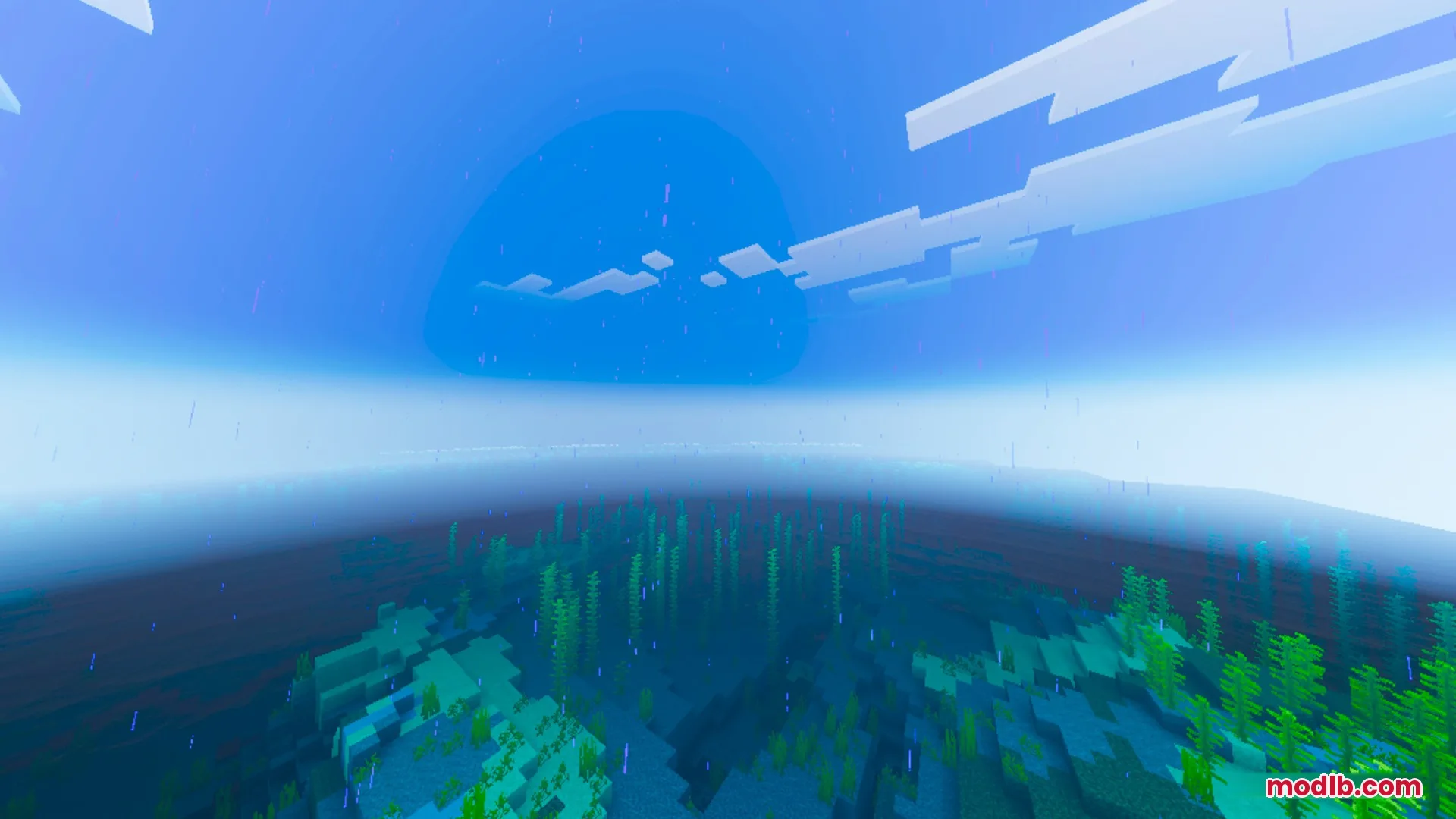 Prismatic Visuals Shader Screenshot 1 Vibrant underwater view of kelp under a bright blue sky with clouds