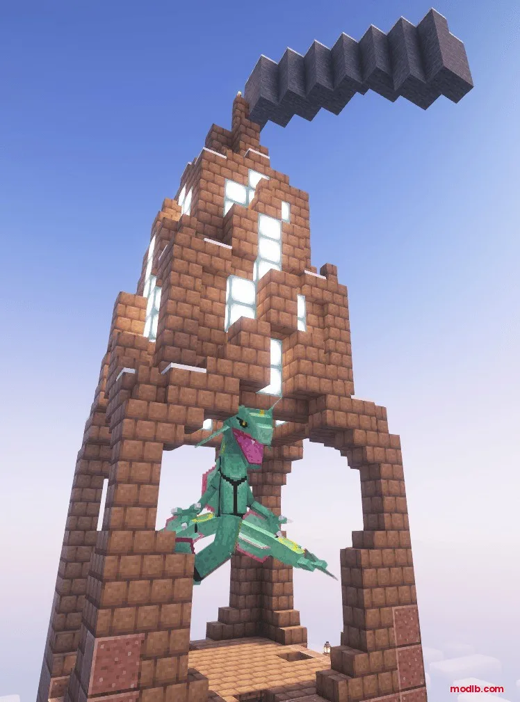 Rayquaza perched inside a large brick dungeon tower against a clear sky