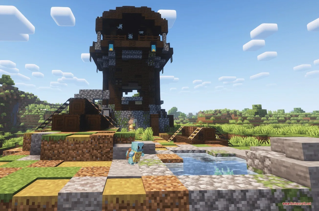 A Squirtle stands near a massive wooden dungeon tower in the Minecraft world