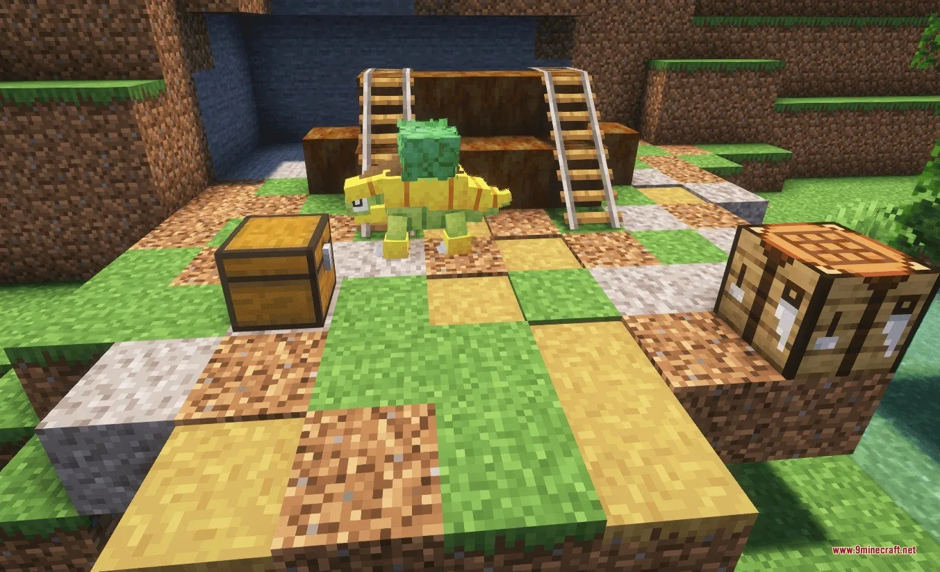 A yellow creature stands near a chest and crafting table in Minecraft
