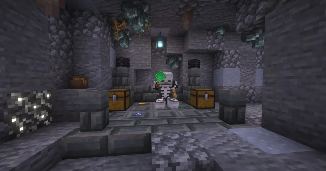 A skeleton sitting on a colored tile puzzle inside a stone dungeon