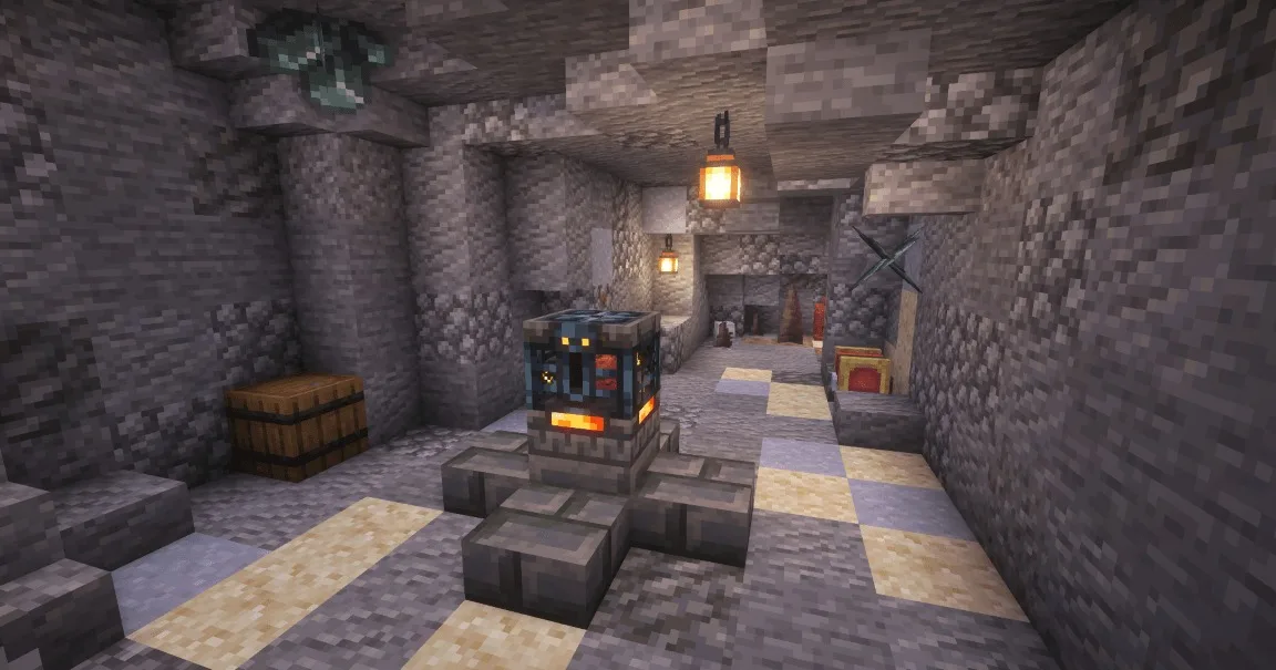 A trial spawner stands in a stone corridor with suspicious sand blocks