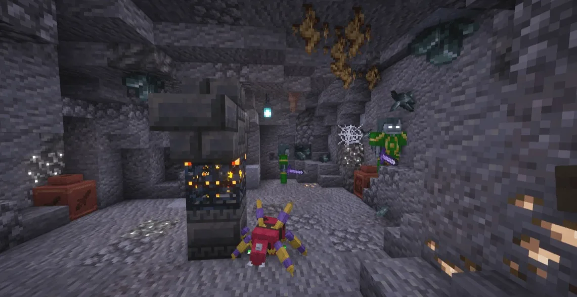 A colorful spider and armored zombie guard a spawner in a dark cave