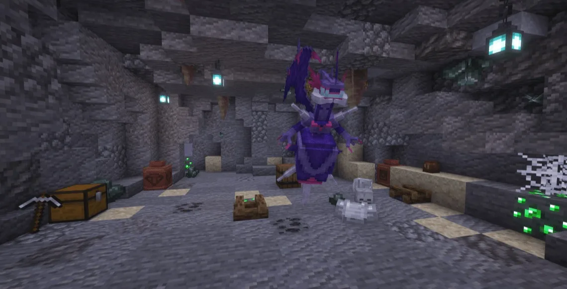 A legendary boss floats in a treasure room filled with emerald ore blocks