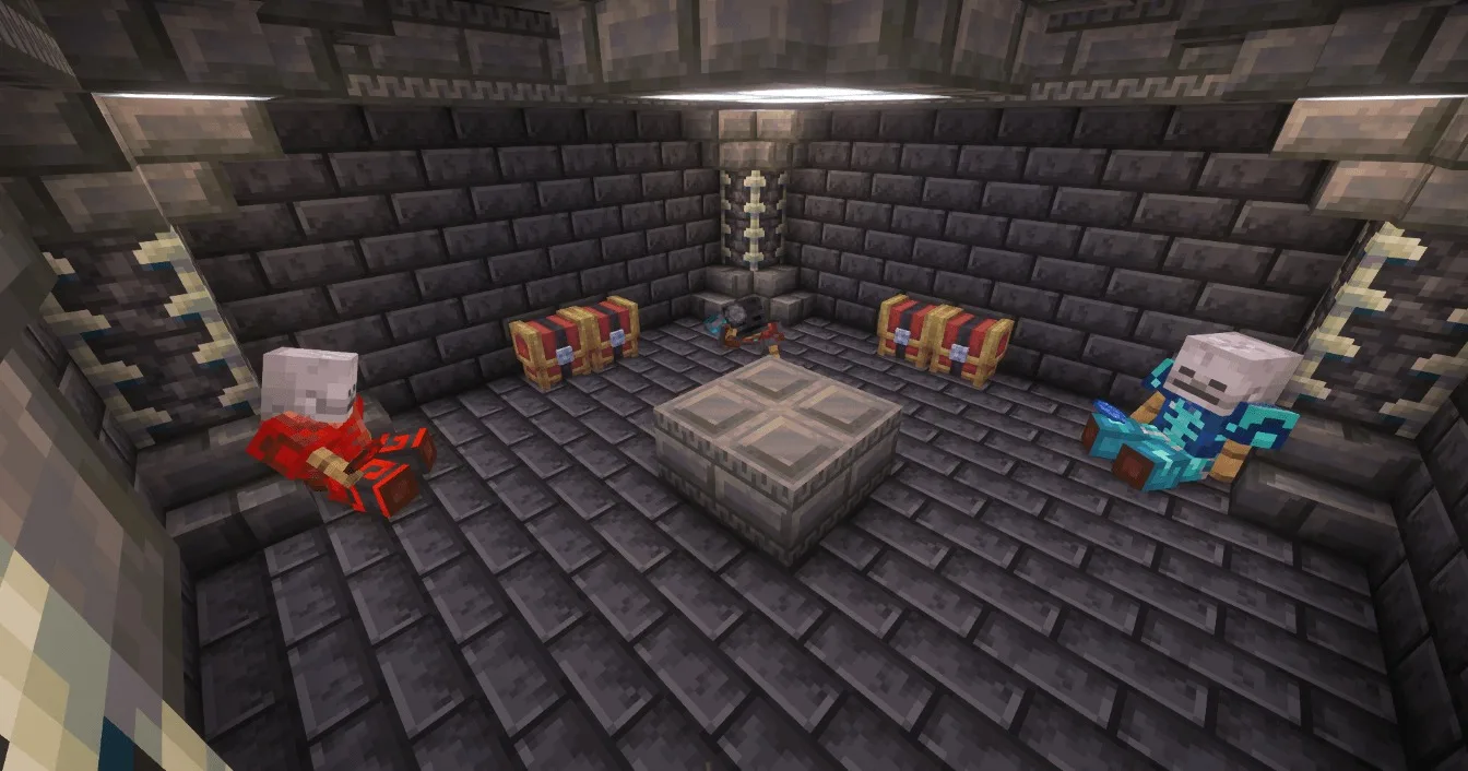 Armored skeletons sit near treasure chests in a dark deepslate dungeon room