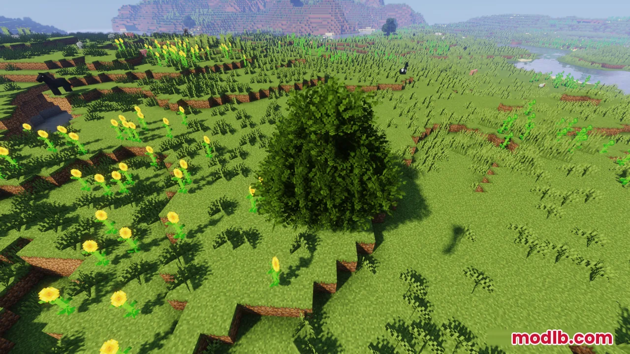 Rainbow Foliage resource pack makes trees look bushier in a sunflower field