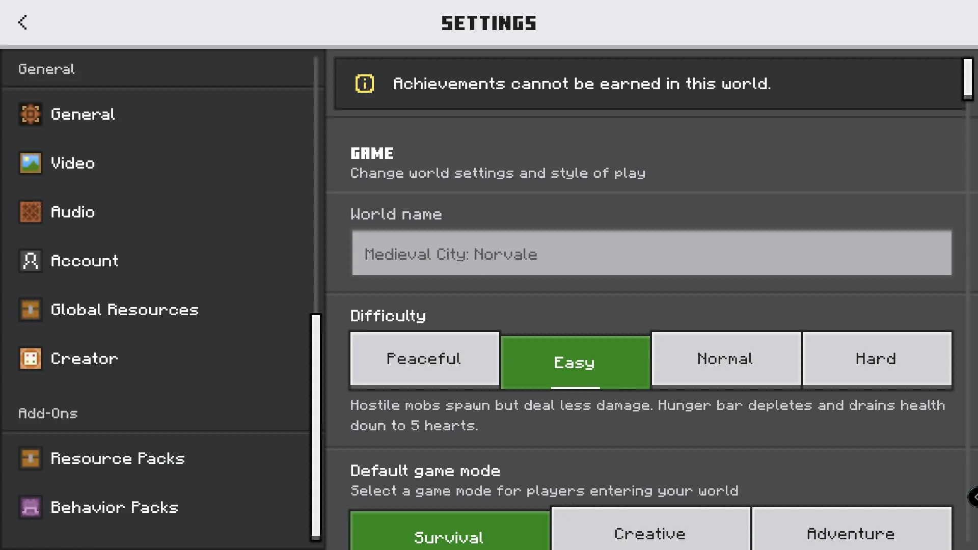 Minecraft world settings menu showing game difficulty and default game mode options