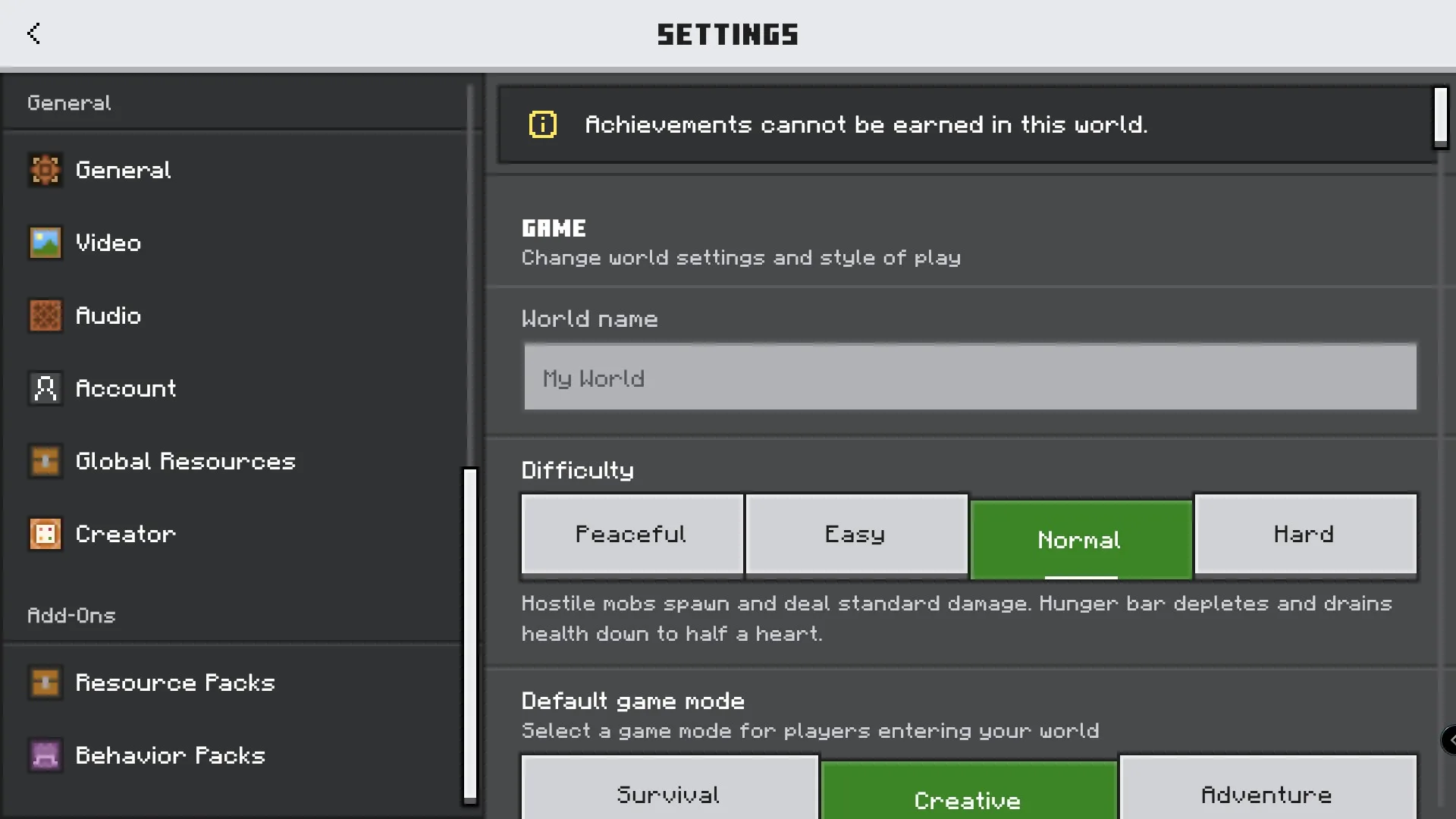 Raiyon's Java Saturation Regeneration Addon Screenshot 2 Minecraft world settings screen showing difficulty levels and default creative game mode