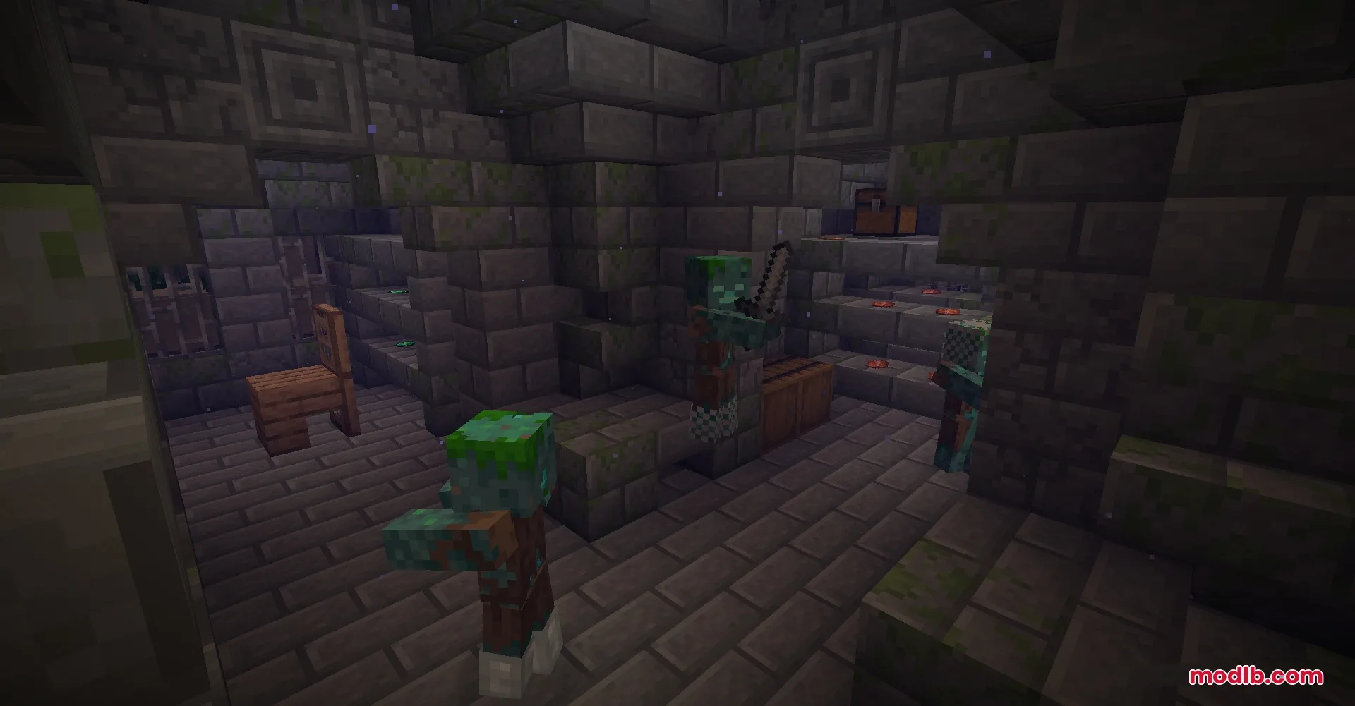 Repurposed Structures Better Nether Fortress Compat Datapack Resource Pack Screenshot 1 Drowned zombies standing in a dark stone brick dungeon with a wooden chair