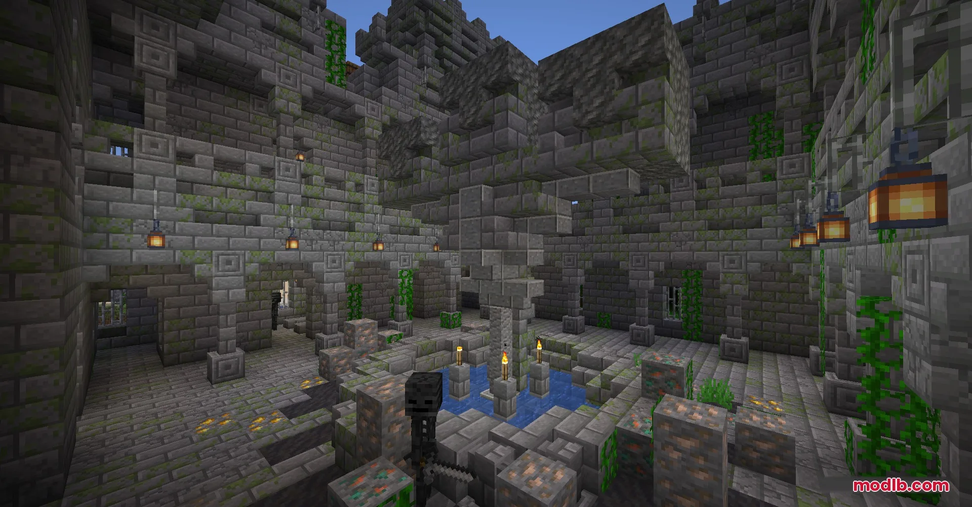 Repurposed Structures Better Nether Fortress Compat Datapack Resource Pack Screenshot 2 Wither skeletons patrol a large stone brick courtyard with hanging vines and lanterns