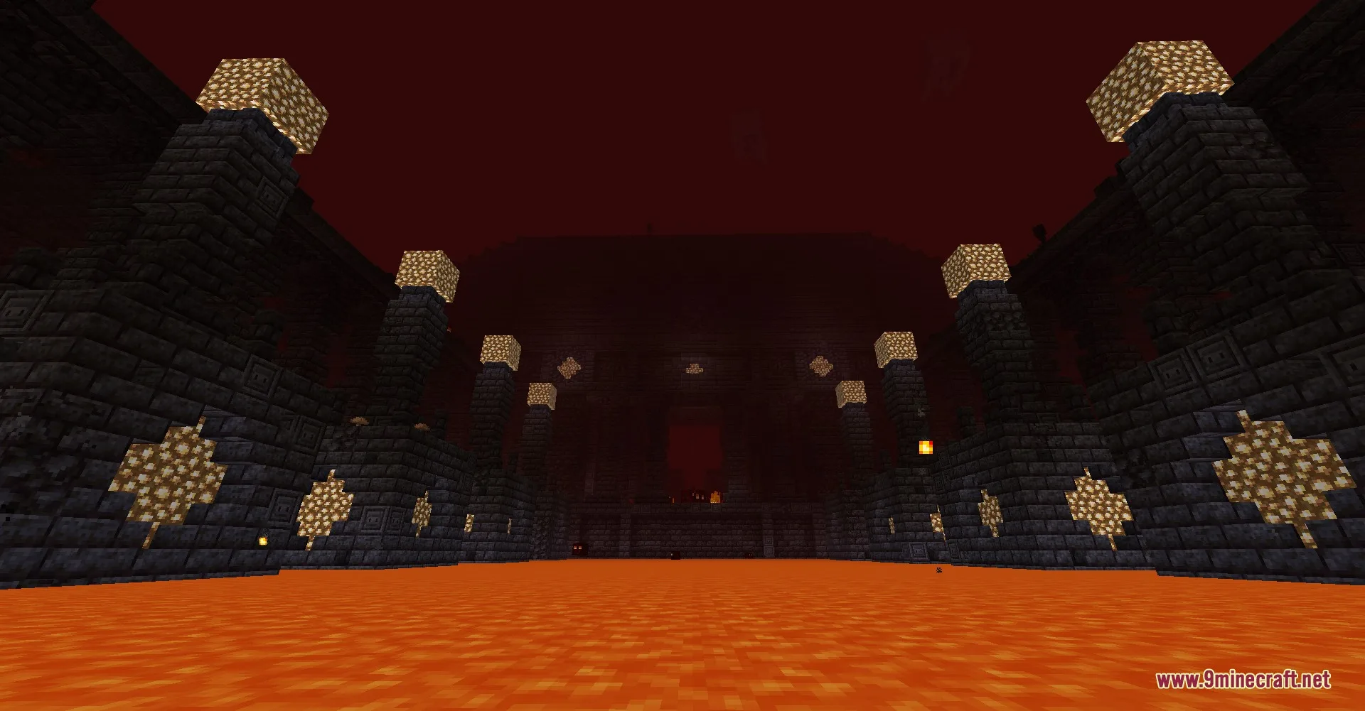 Repurposed Structures nether monument variant standing over a vast lake of lava