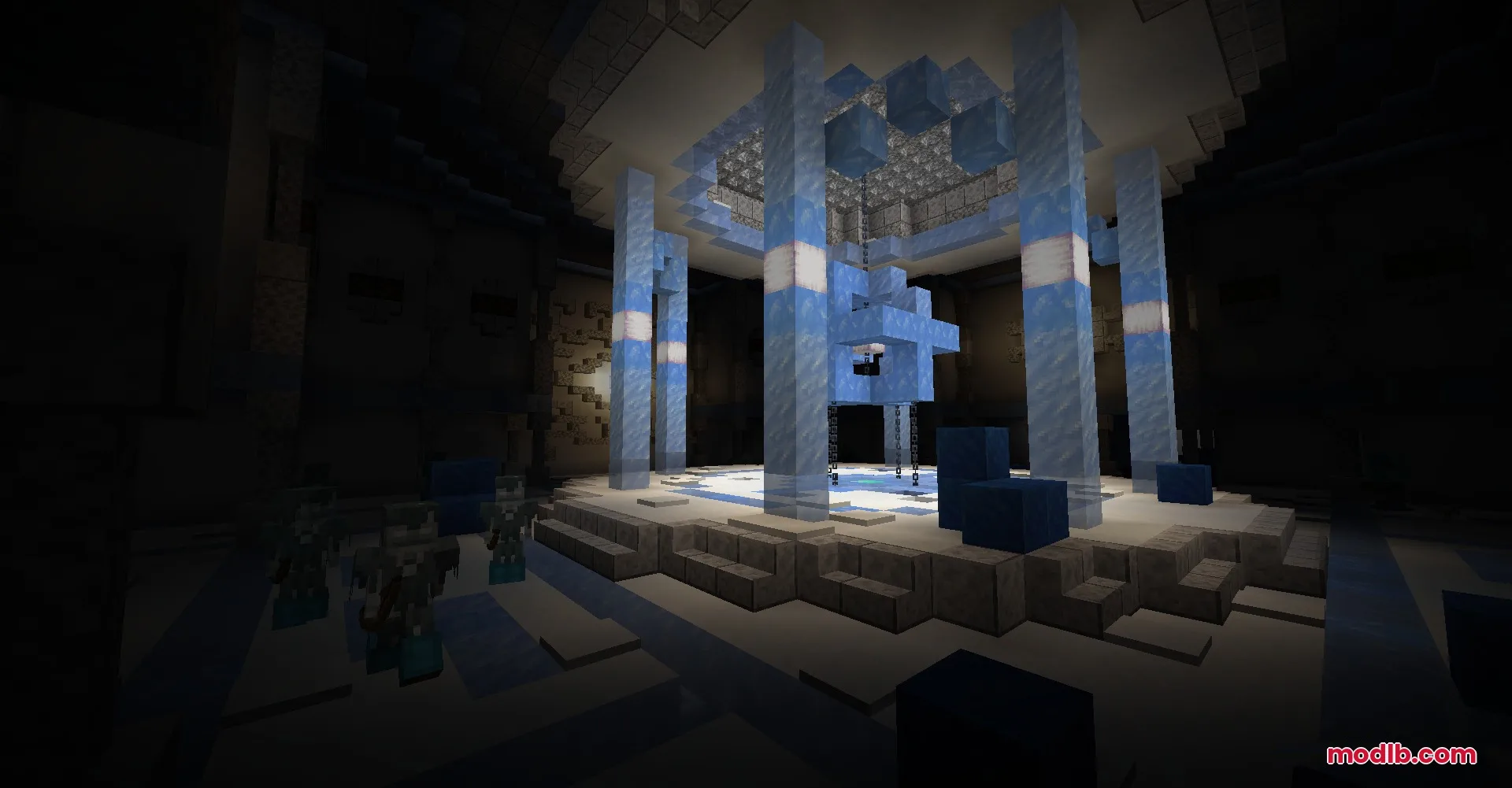 The interior of a frozen monument with a central floating ice structure