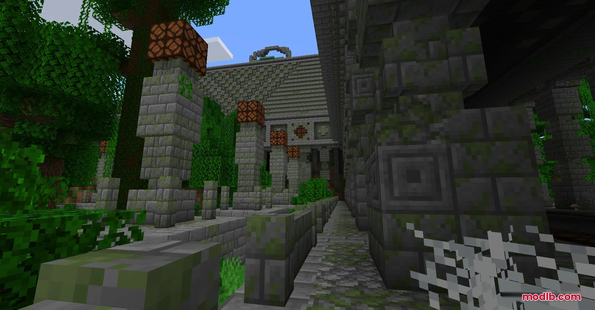 Exterior view of a jungle monument variant featuring mossy stone bricks and redstone lamps
