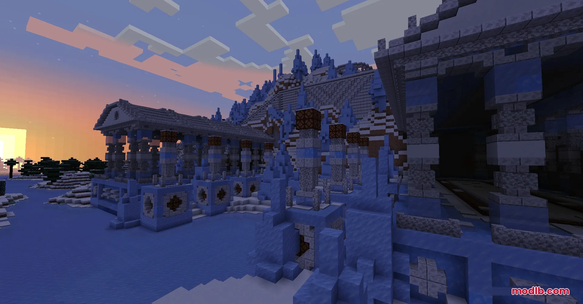Exterior view of a large icy monument variant in a snowy biome