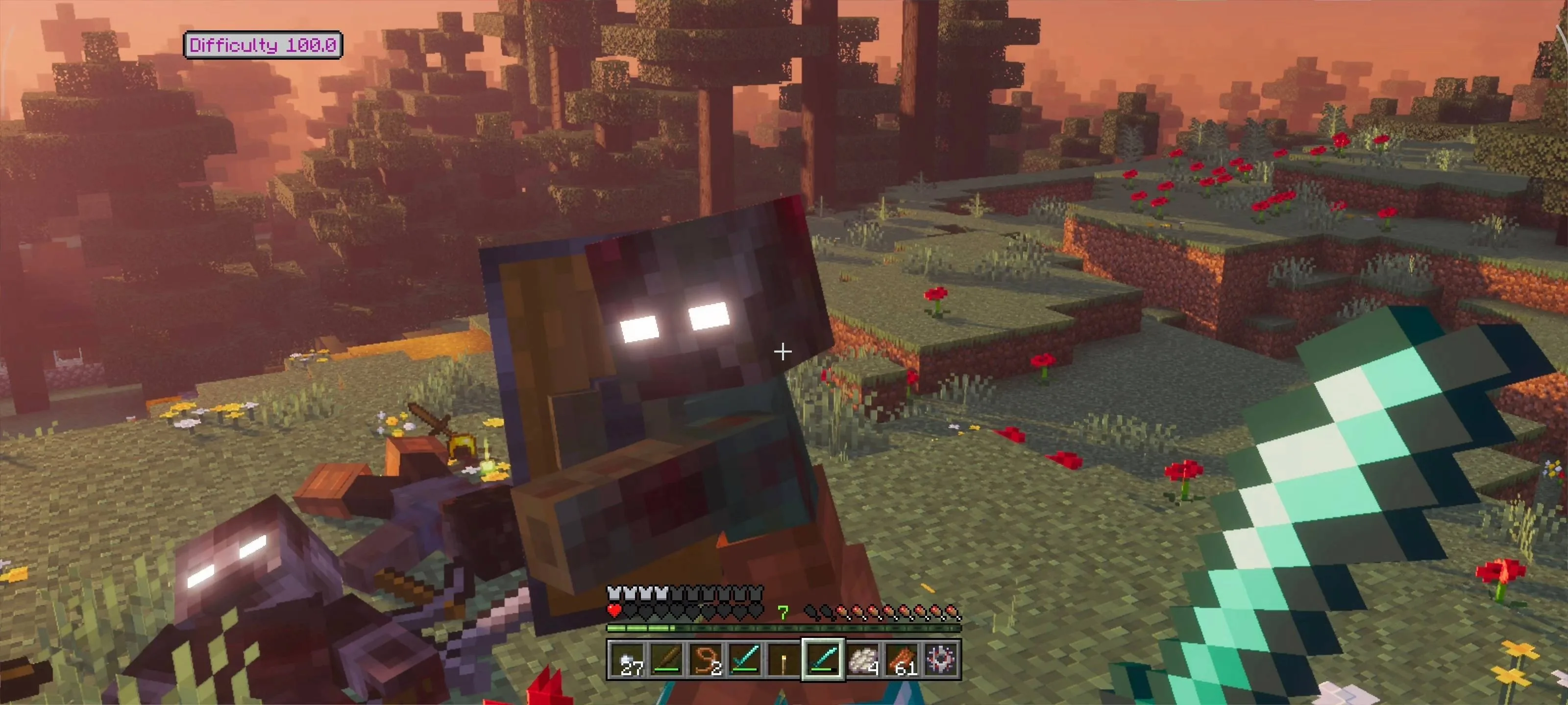 Rise and Survive Progressive Zombie Apocalypse Addon Screenshot 2 Zombie with glowing eyes holding a shield during a high difficulty sunset encounter