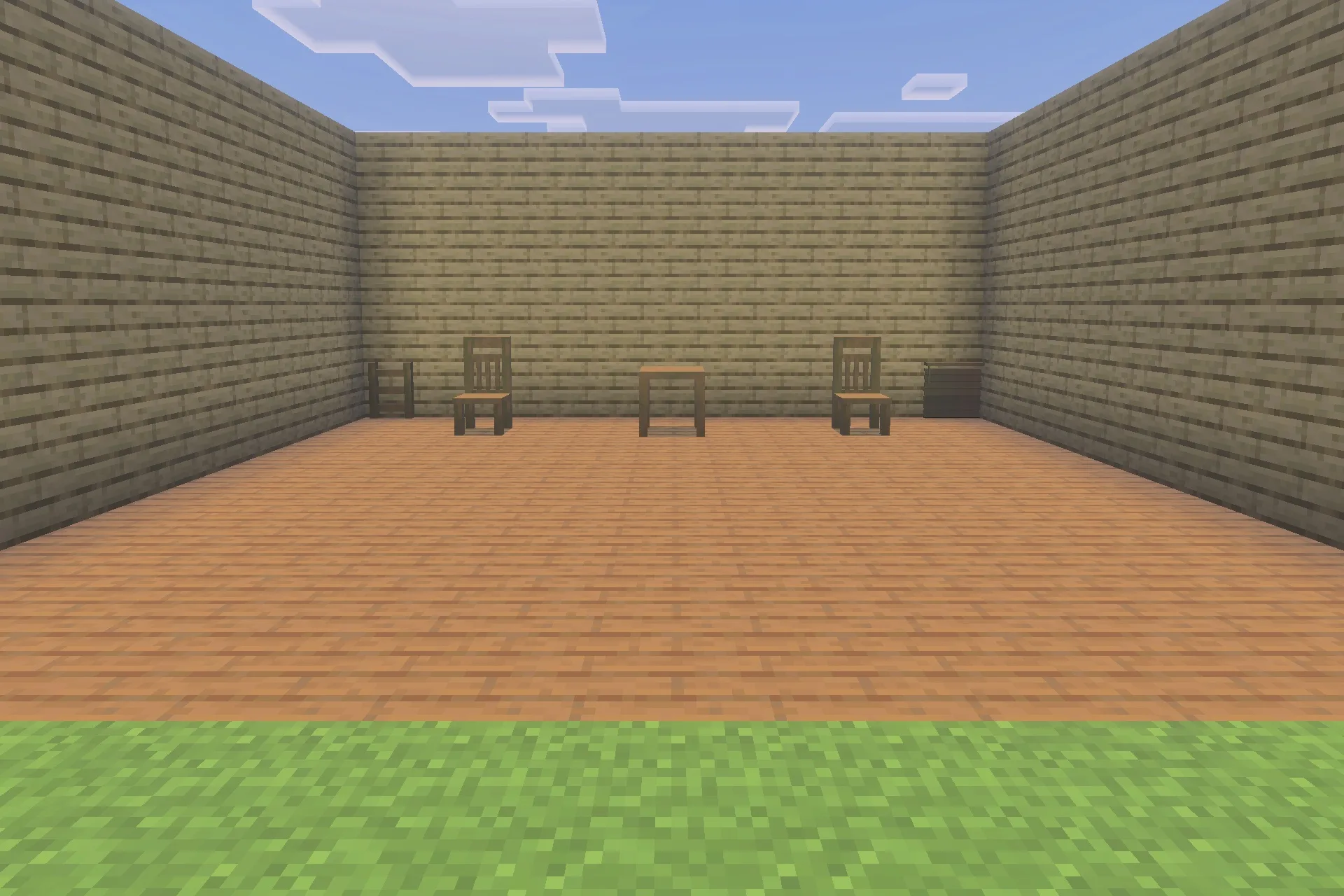 A wooden room interior with two chairs and a small center table