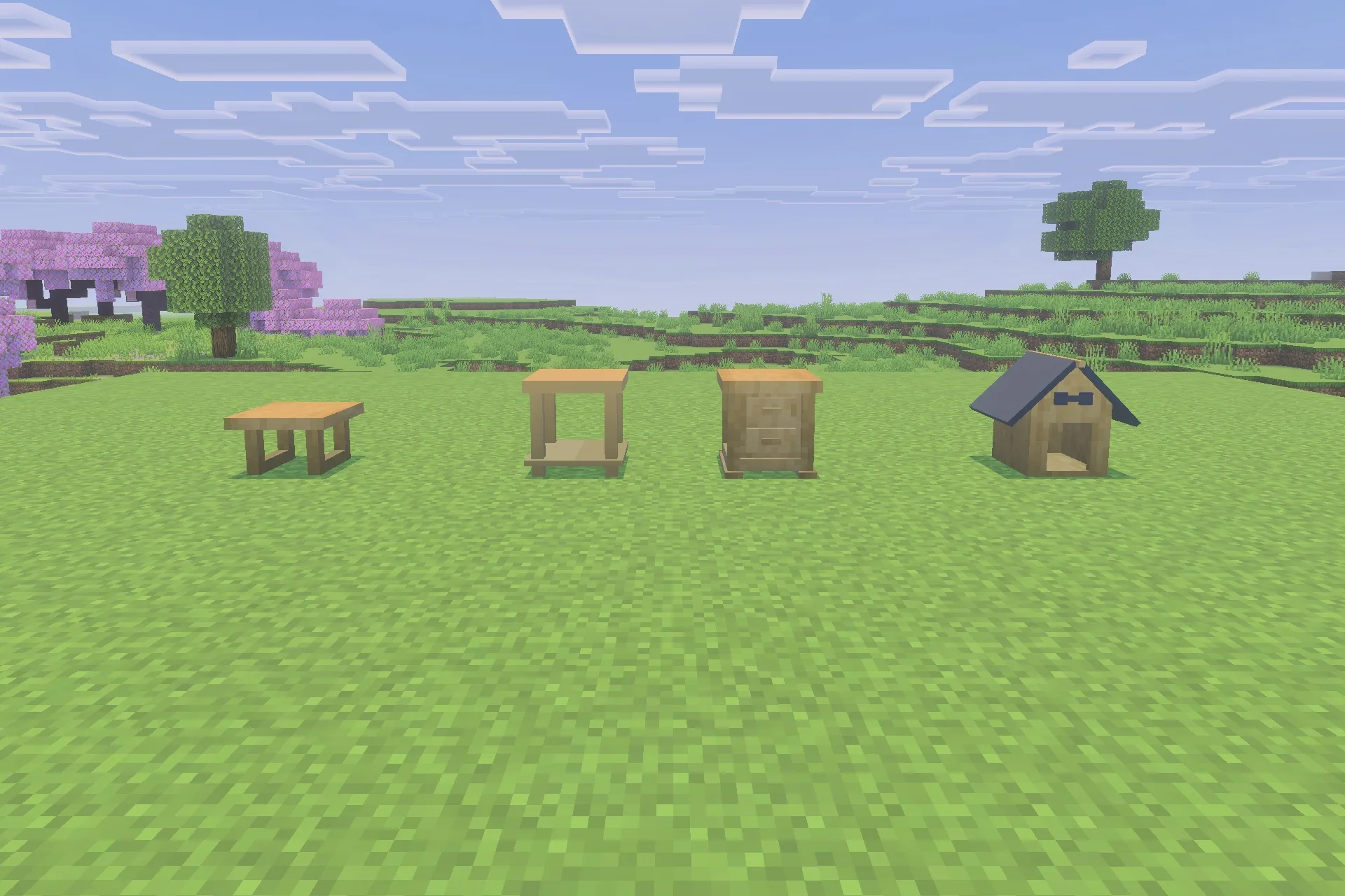 Various wooden furniture items including a dog house on a grassy field