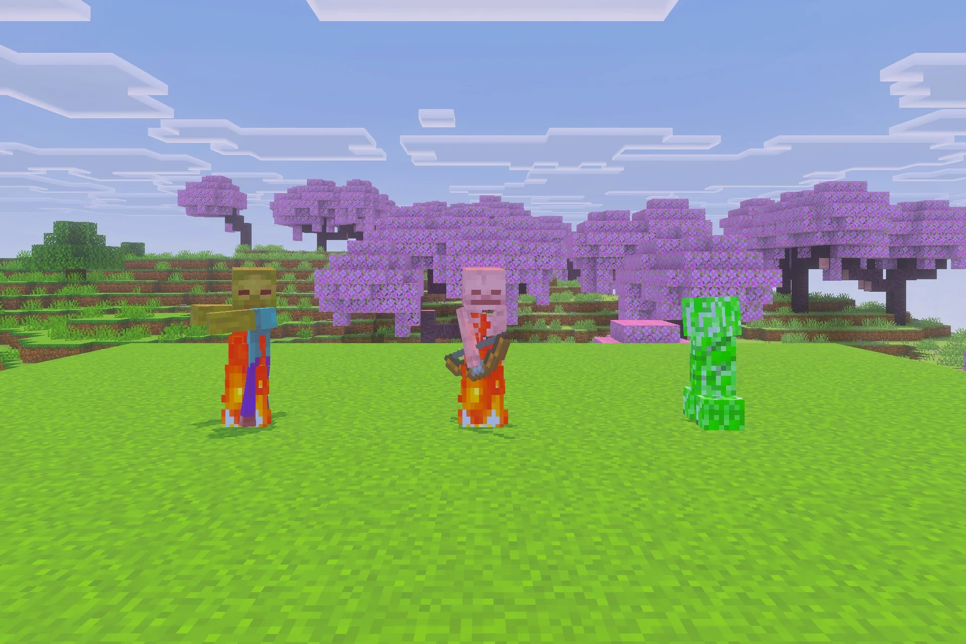 Saturated for Bedrock Edition Texture Pack Screenshot 2 Burning zombie and skeleton standing next to a creeper in the sunlight
