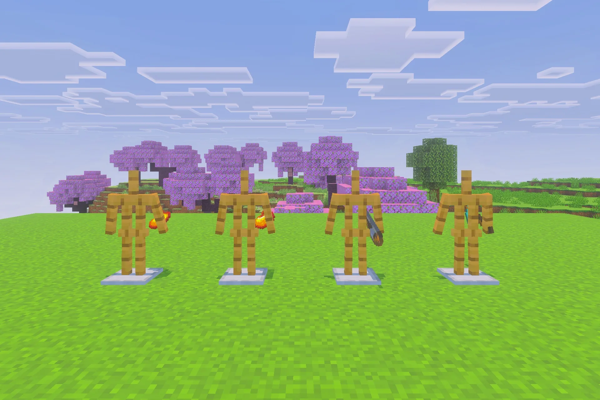 Saturated for Bedrock Edition Texture Pack Screenshot 5 Four armor stands holding items on a vibrant green grass field