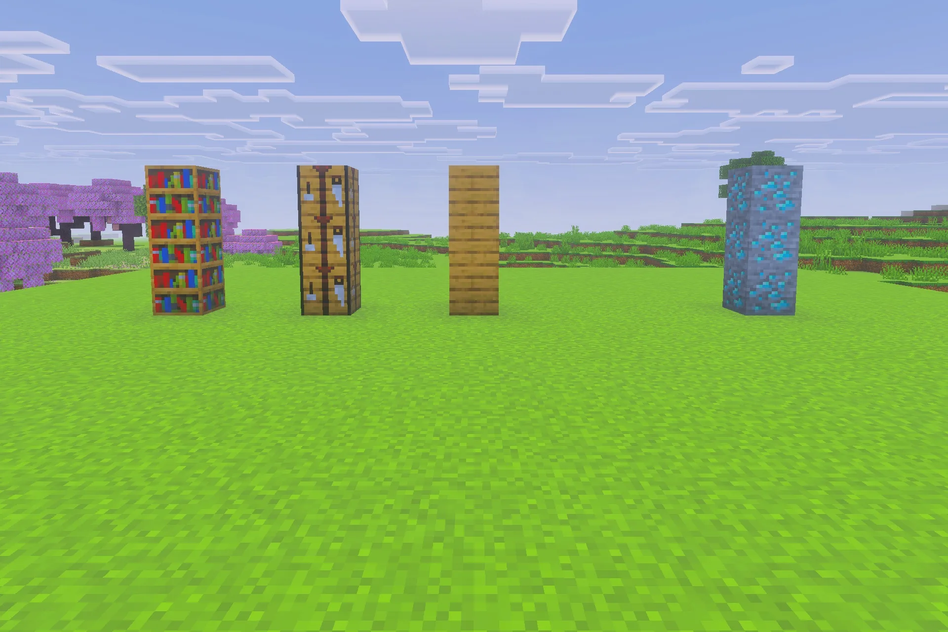 Saturated for Bedrock Edition Texture Pack Screenshot 4 Various Minecraft blocks displayed with vibrant colors on a green field