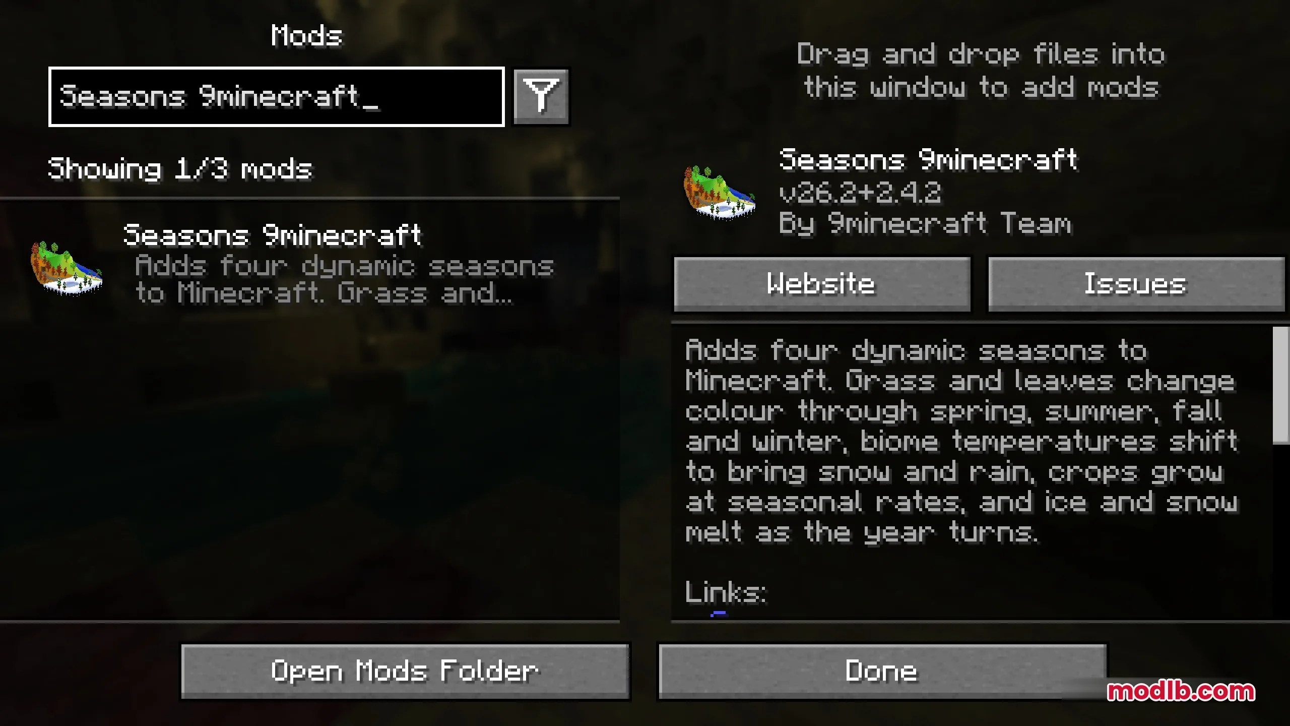 The mod menu interface displays details and features for the Seasons mod
