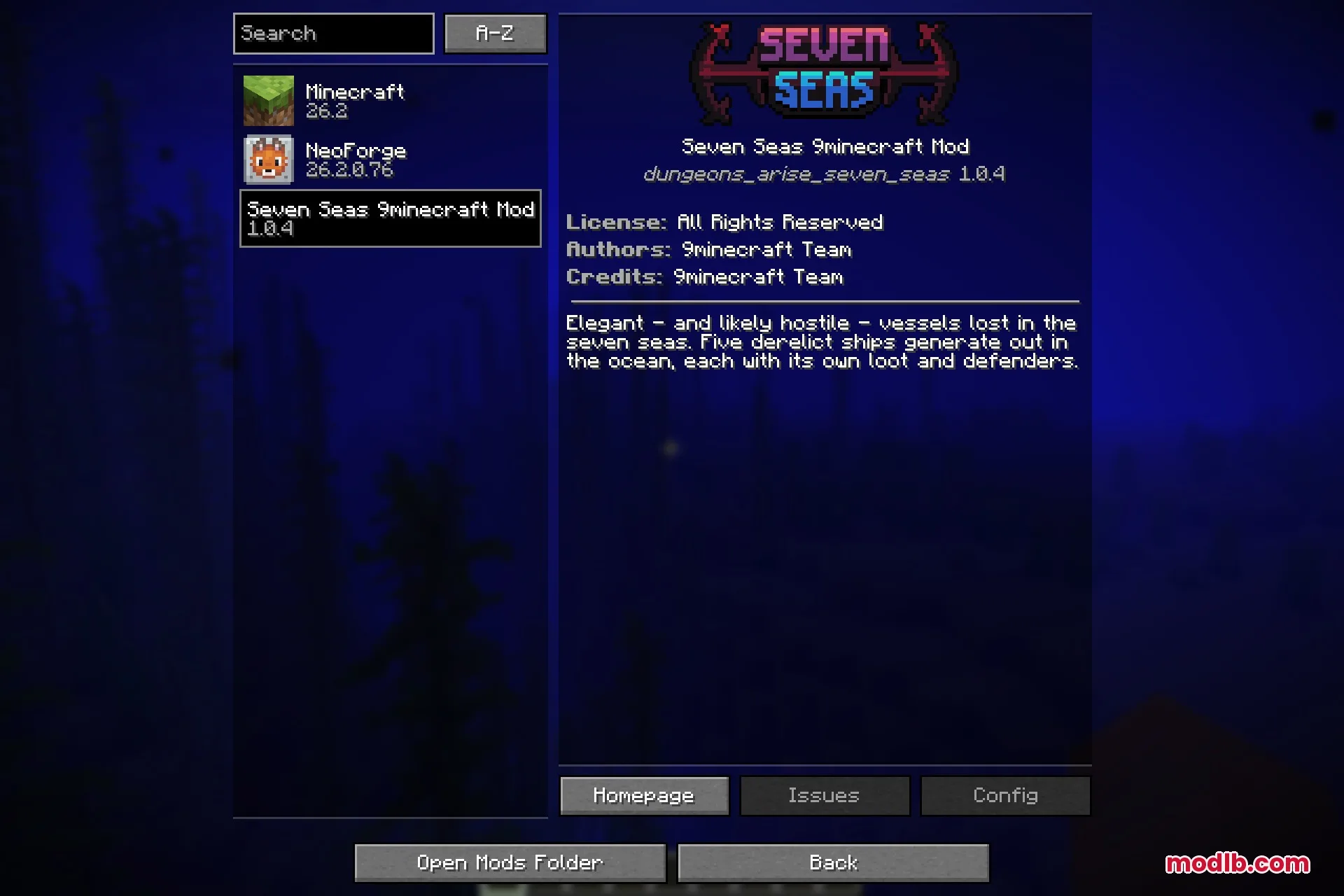 The Seven Seas entry in the Minecraft mods list
