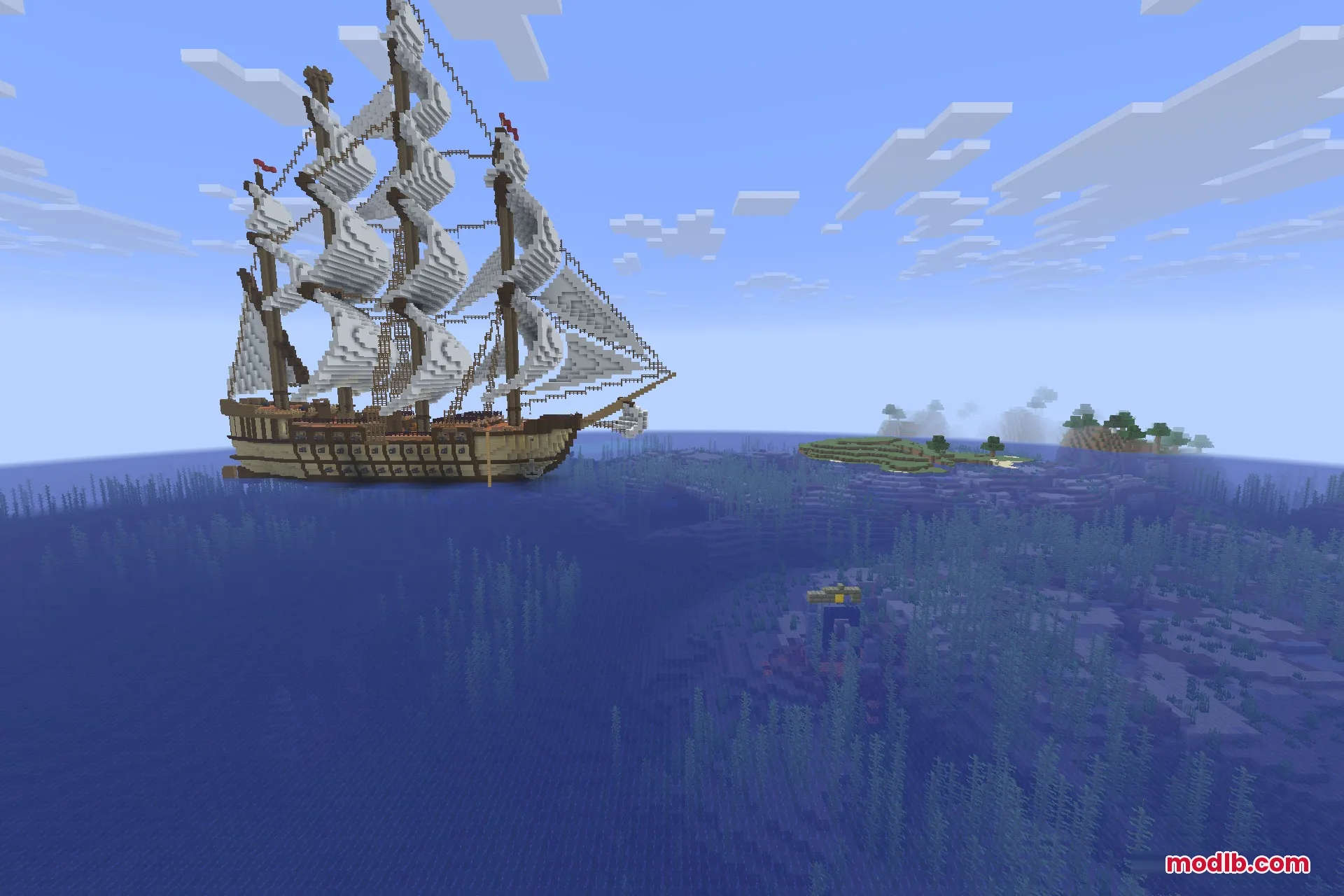 A three-masted frigate riding at anchor far from any shore
