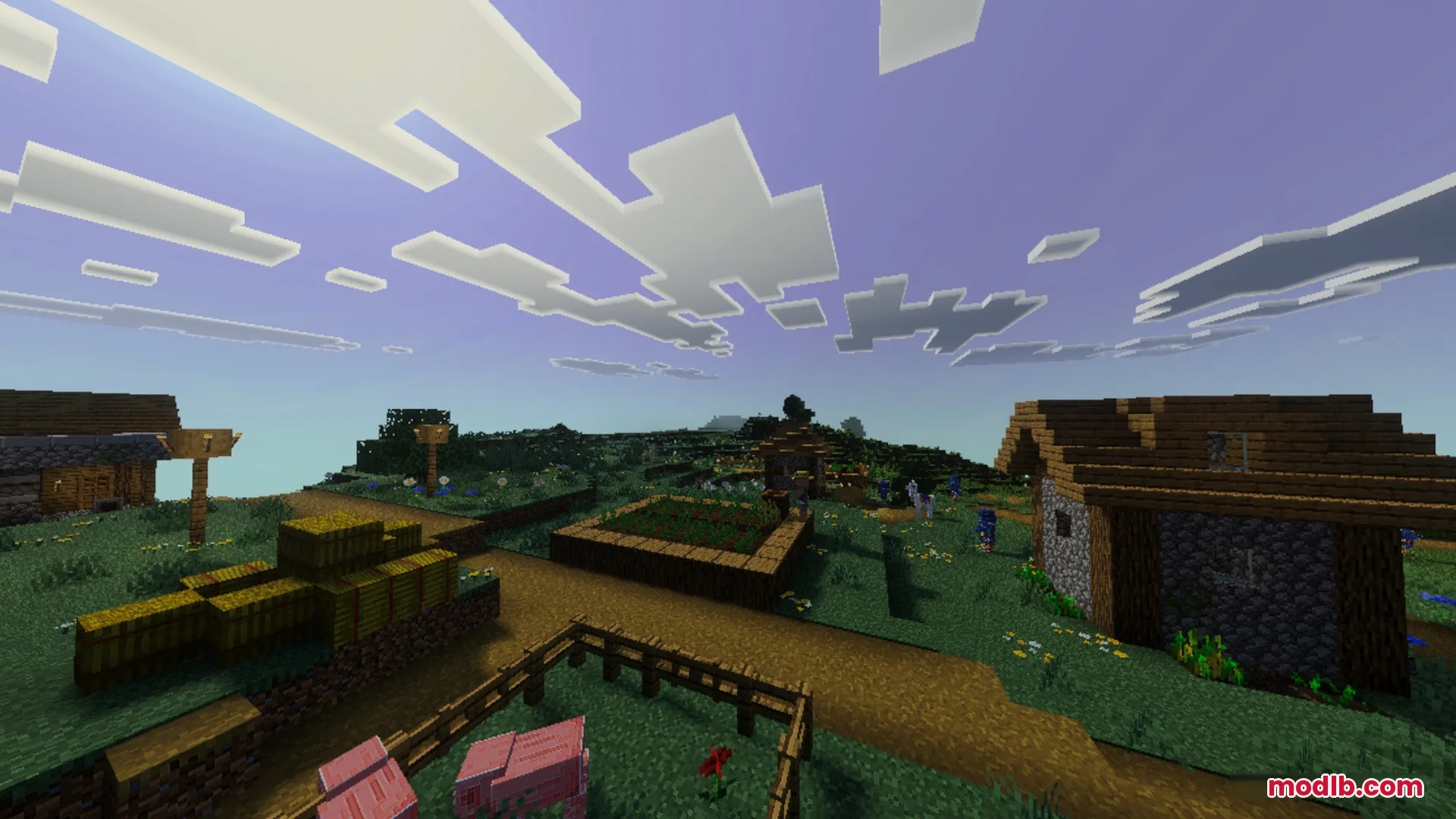 Sildaum Vibrant Shaders Screenshot 6 A peaceful village with wooden houses and hay bales under a bright sky