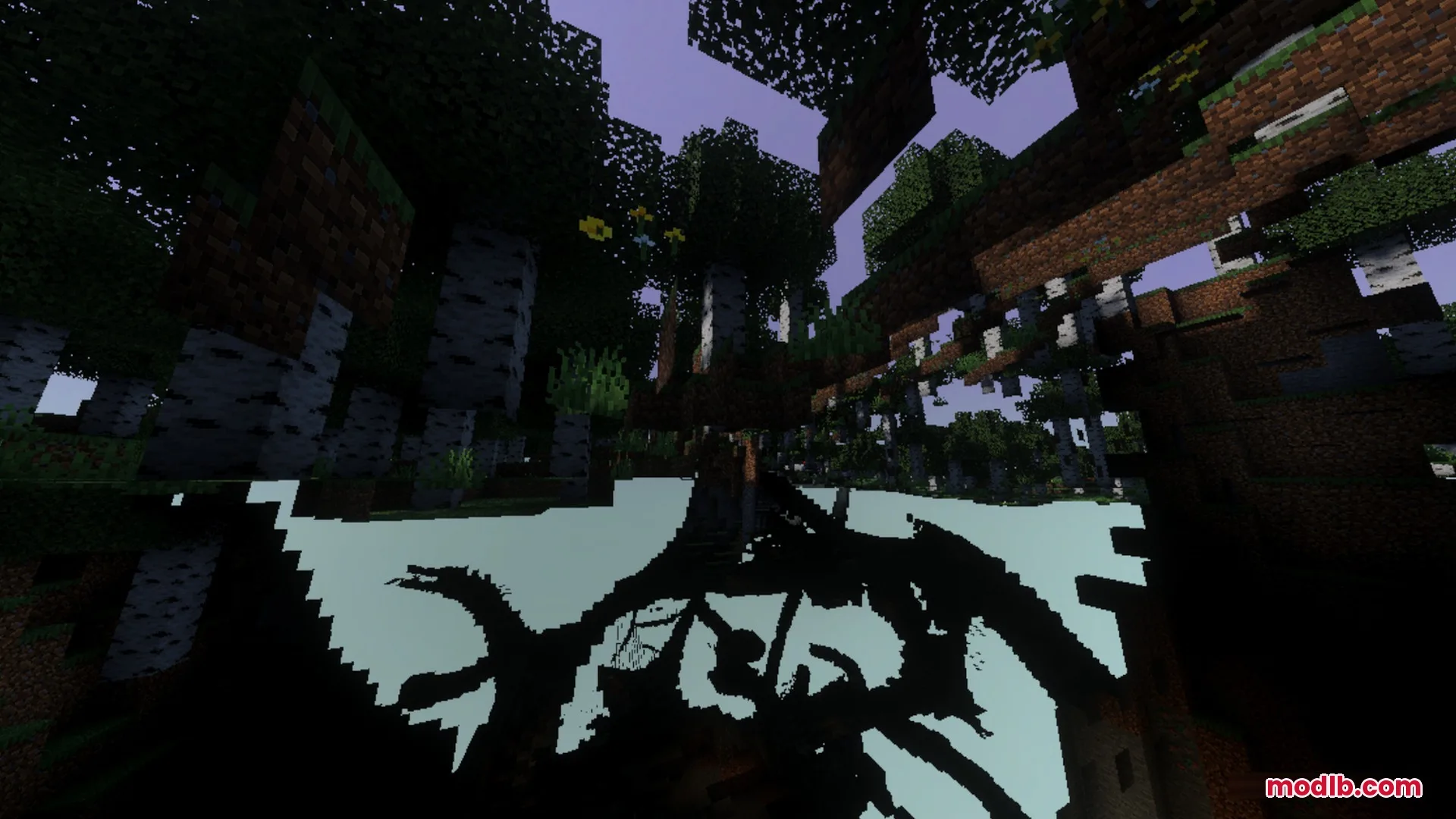 Sildaum Vibrant Shaders Screenshot 8 Dense forest trees casting dark shadows against a bright sky in Minecraft