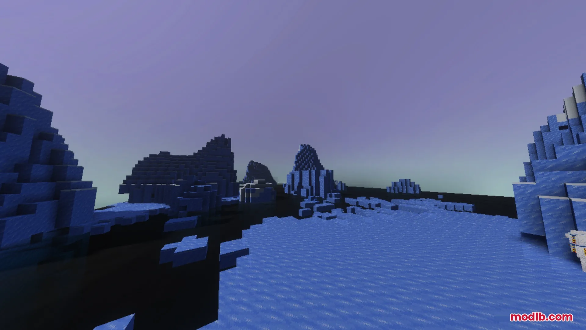 Sildaum Vibrant Shaders Screenshot 3 Towering ice spikes and frozen structures under a vibrant purple twilight sky