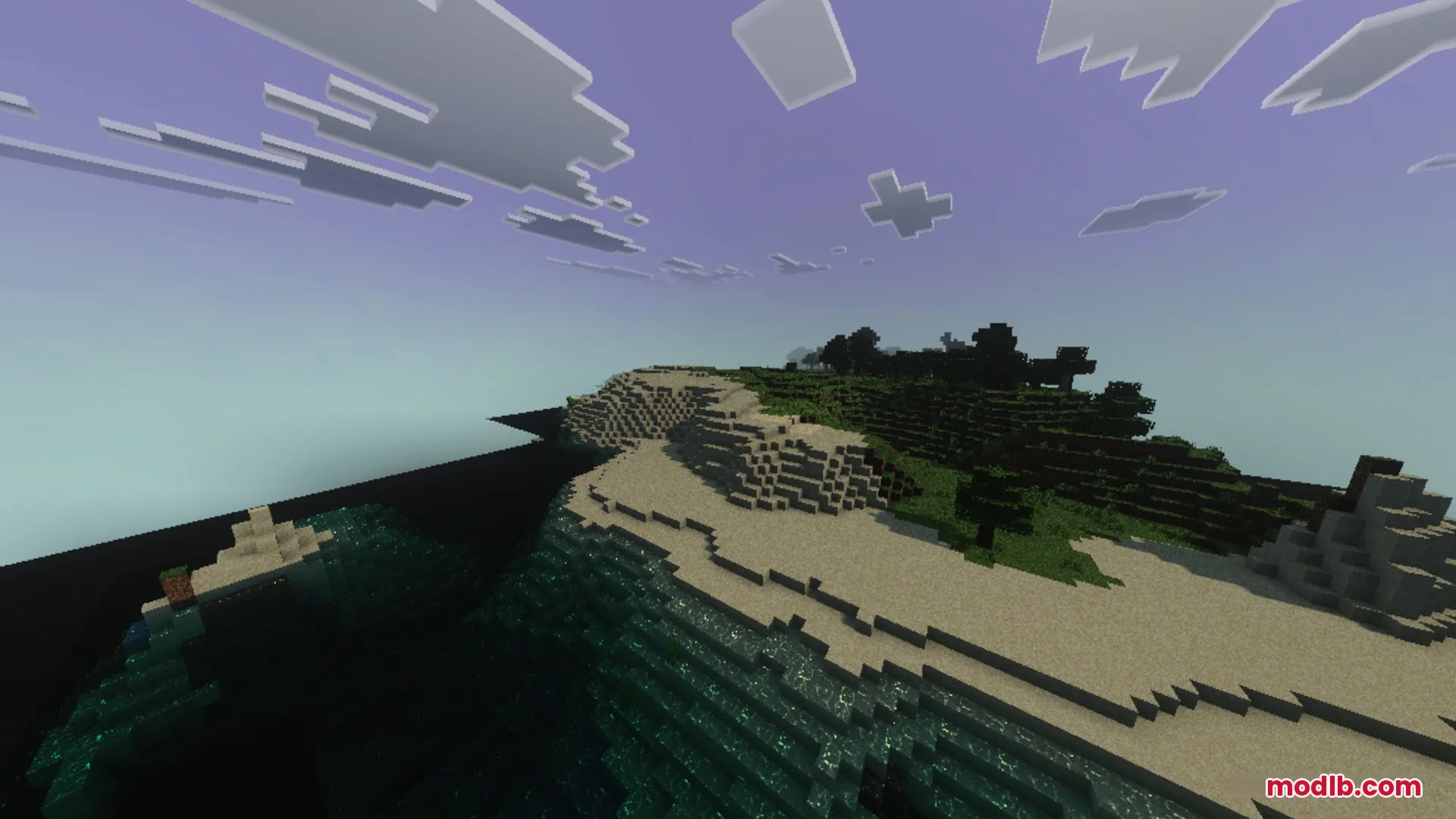 Sildaum Vibrant Shaders Screenshot 7 Sildaum Vibrant shaders enhance a scenic Minecraft coastline with soft purple lighting